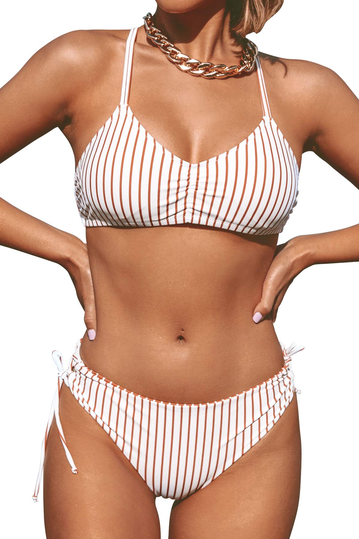CUPSHE Women's Bikini Set with Braided Back Straps, Striped Swimwear, Reversible Briefs, Two-Piece Swimsuit