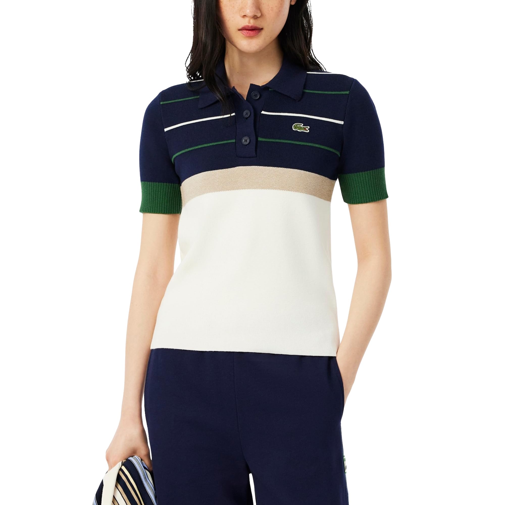 Lacoste Womens Made in France Short Sleeve Polo Sweater W Colorblock Stripes