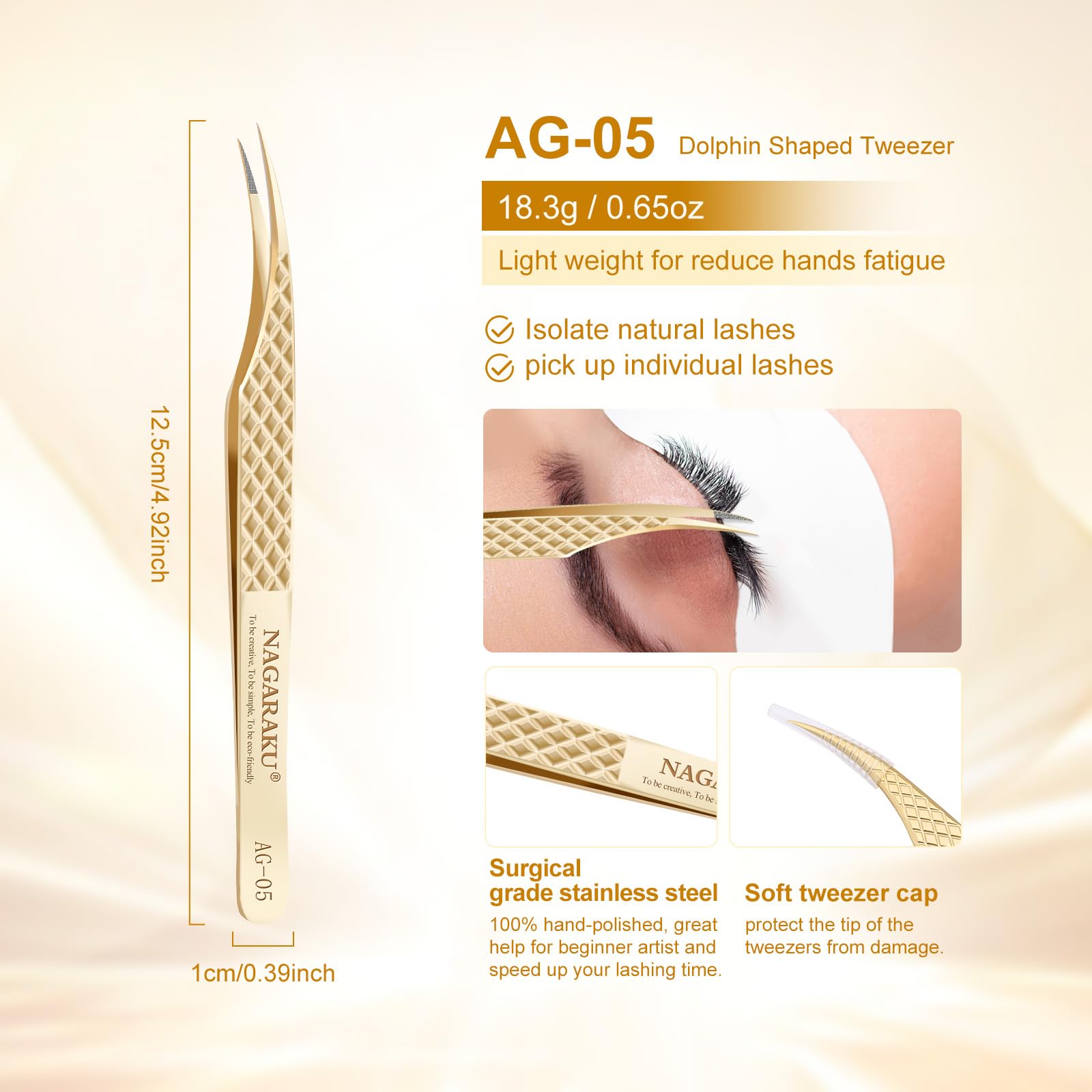 NAGARAKU Precision Fiber Tip Grip Tweezer for Eyelash Extensions Diamond Handle Anti-Static Anti-Slip Premium Gold Stainless Steel Eyelashes Tweezers Supplies with Box(Dolphin Tweezer AG-05) - Image 2