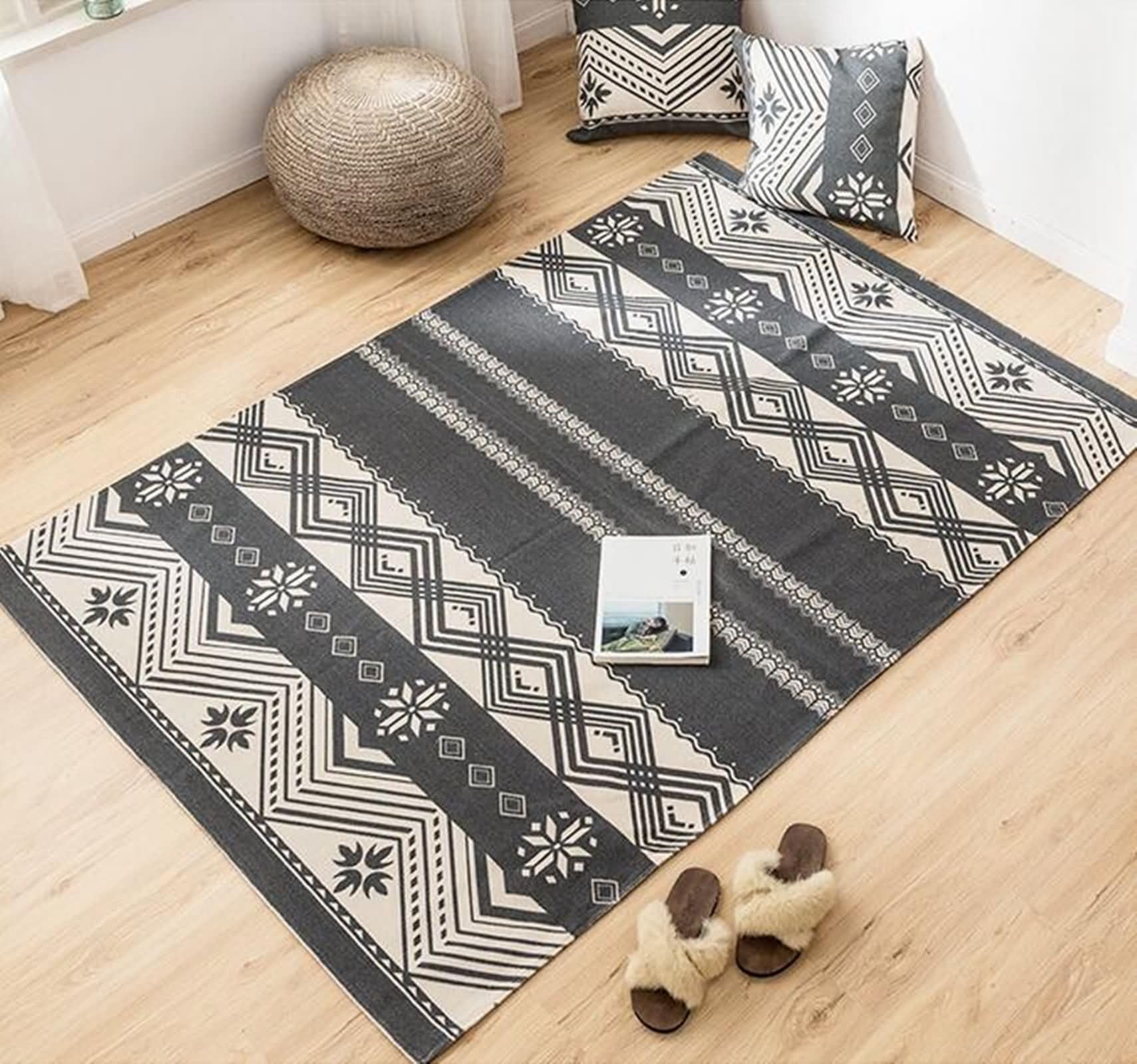 Tapis Rond Coton Lin 85x120 cm Lavable Gris Motif Géométrique Chambre Enfant