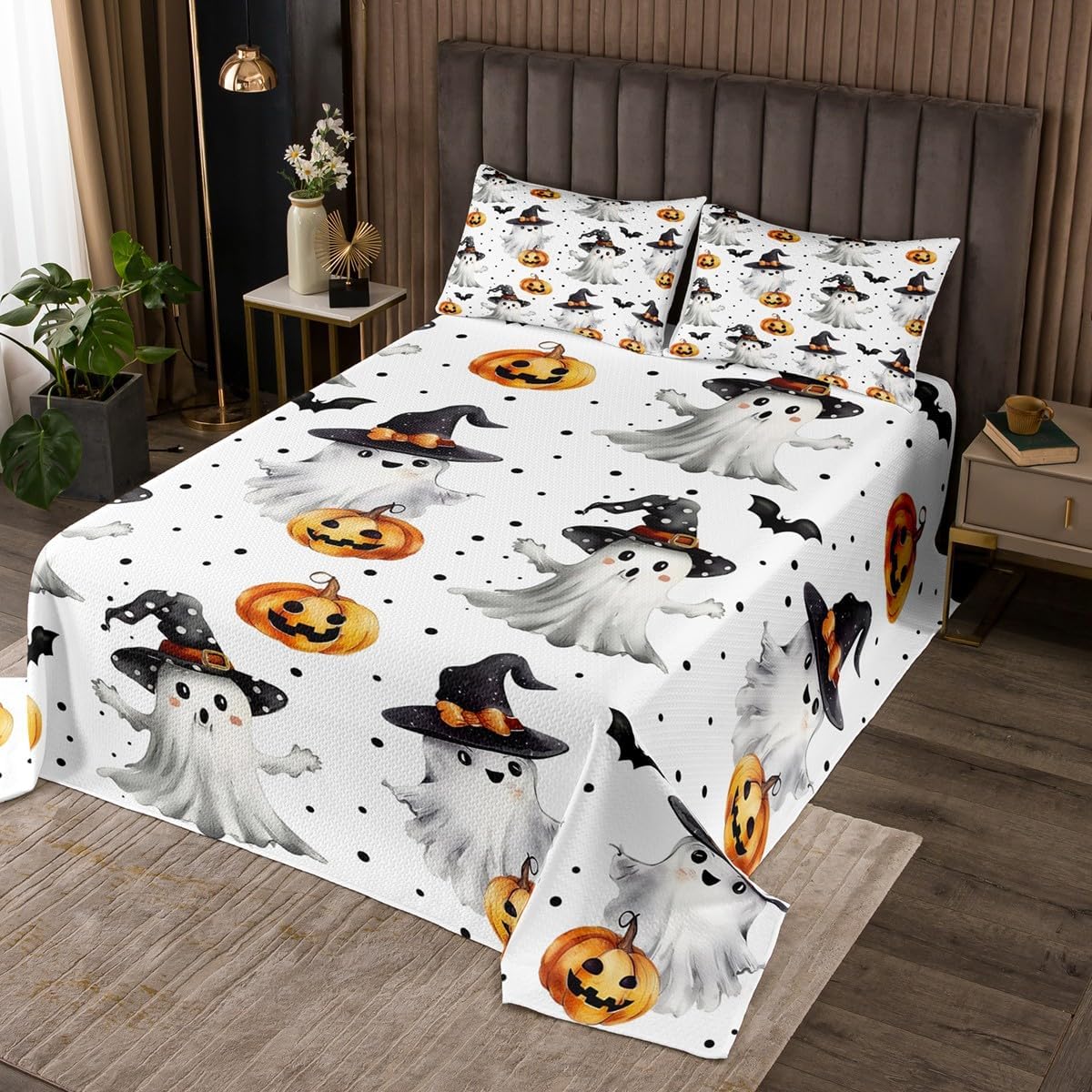Erosebridal Halloween Ghost Quilt Set Bats Halloween Decoration Gothic Queen Bedspread Set - Pumpkin Lantern Coverlet Sets Funny Witch Hat Quilted