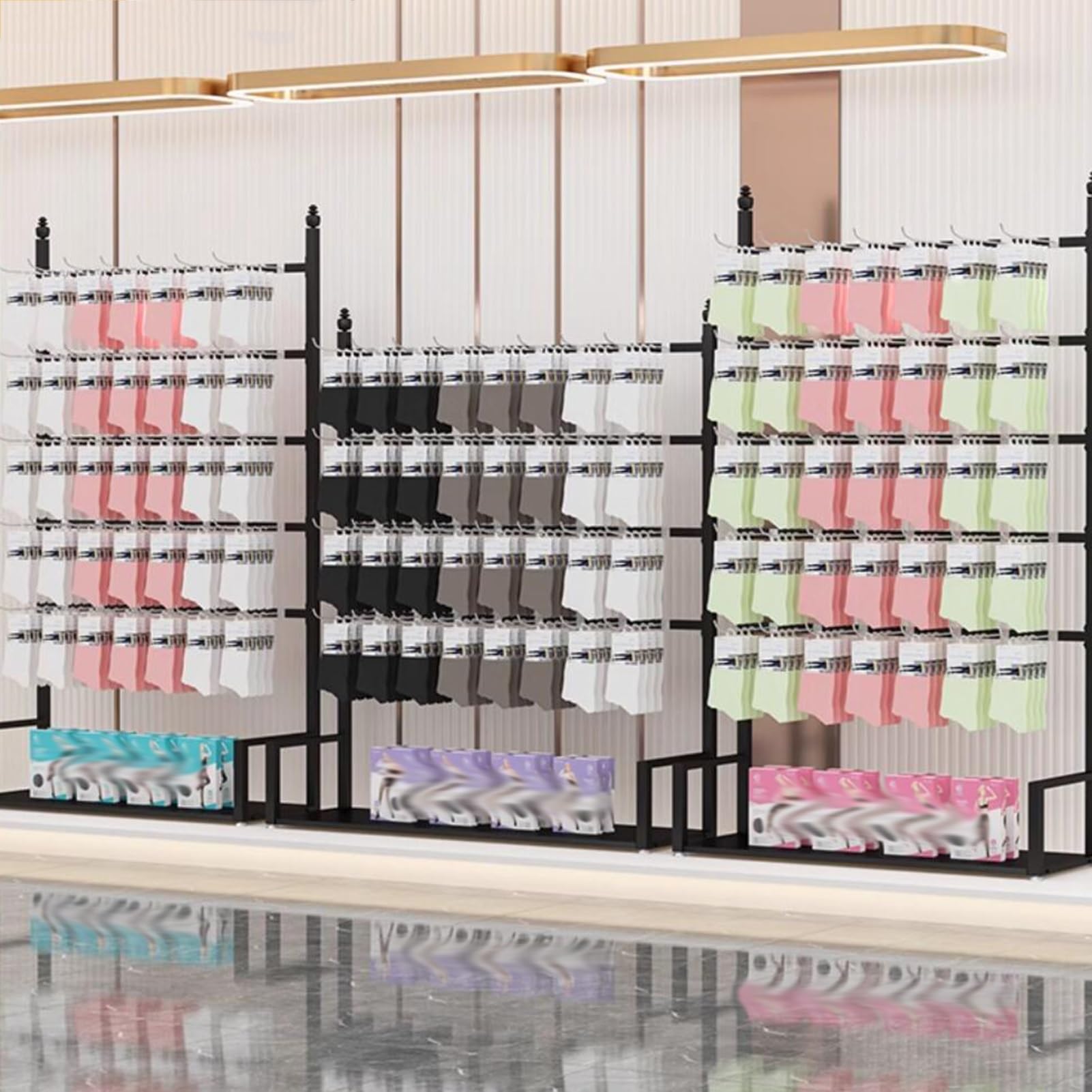 Espositore per scarpe con ganci Ripiani in metallo autoportanti per negozi di abbigliamento Versatile Sock Retail Showroom Fixture per un merchandising efficace