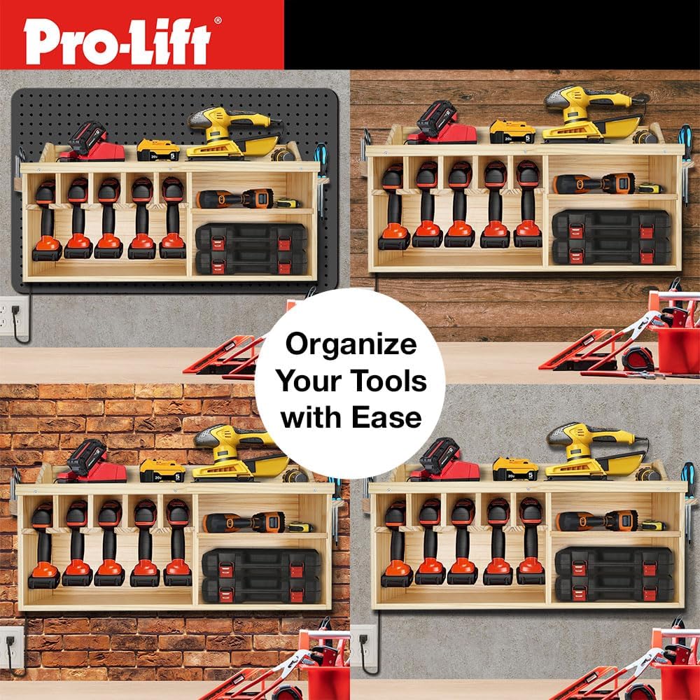 Pro Lift Cordless Drill Organizer – wall mount power tool storage rack, 5 hanging slots, wooden M-004W