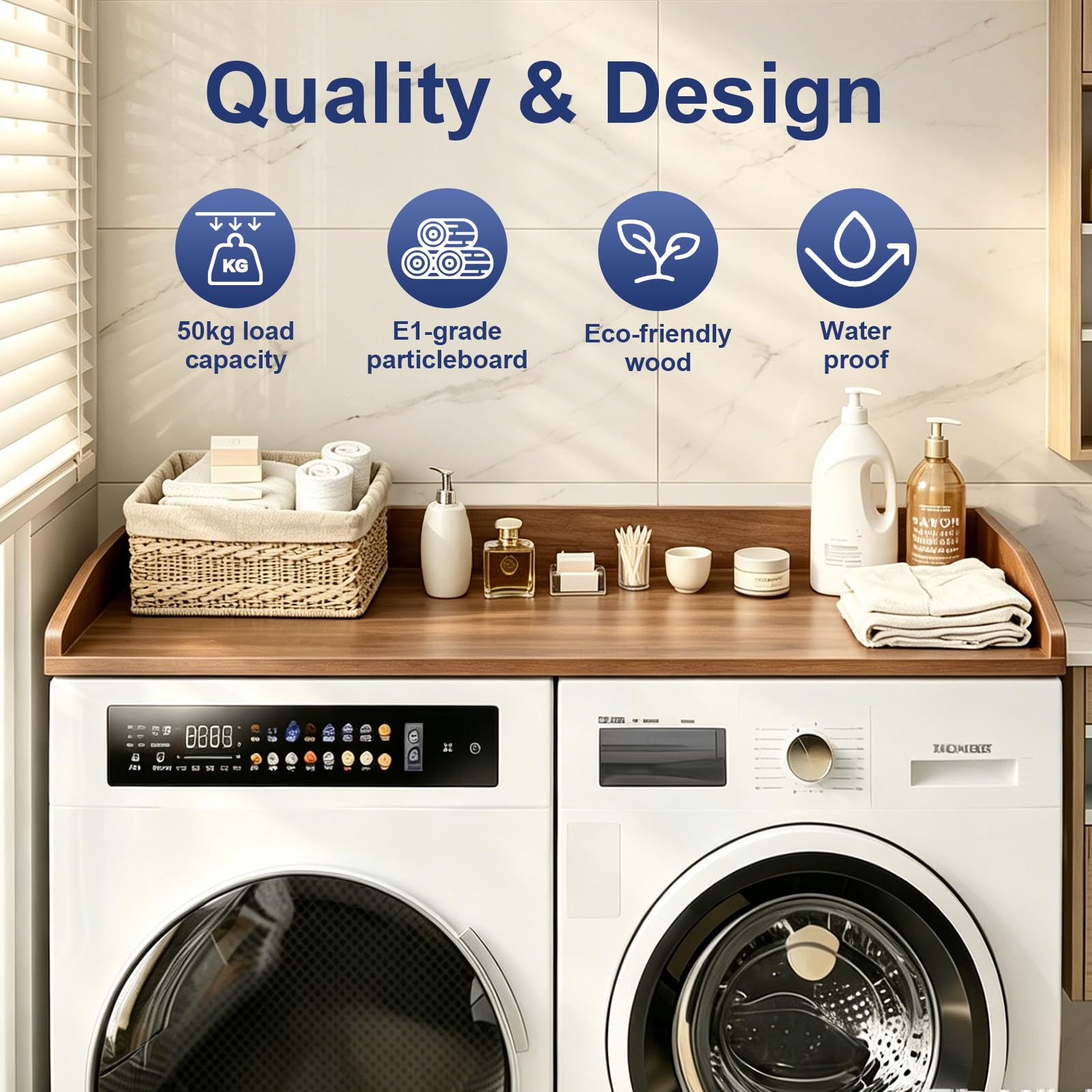 Encimera Lavadora y Secadora 120x60, Encimera Lavadora Madera, Washer Dryer Countertop, Impermeable, Resistente a los Arañazos, Instalación Rápida para Lavadora y Secadora, Hasta 50 kg (Nogal)