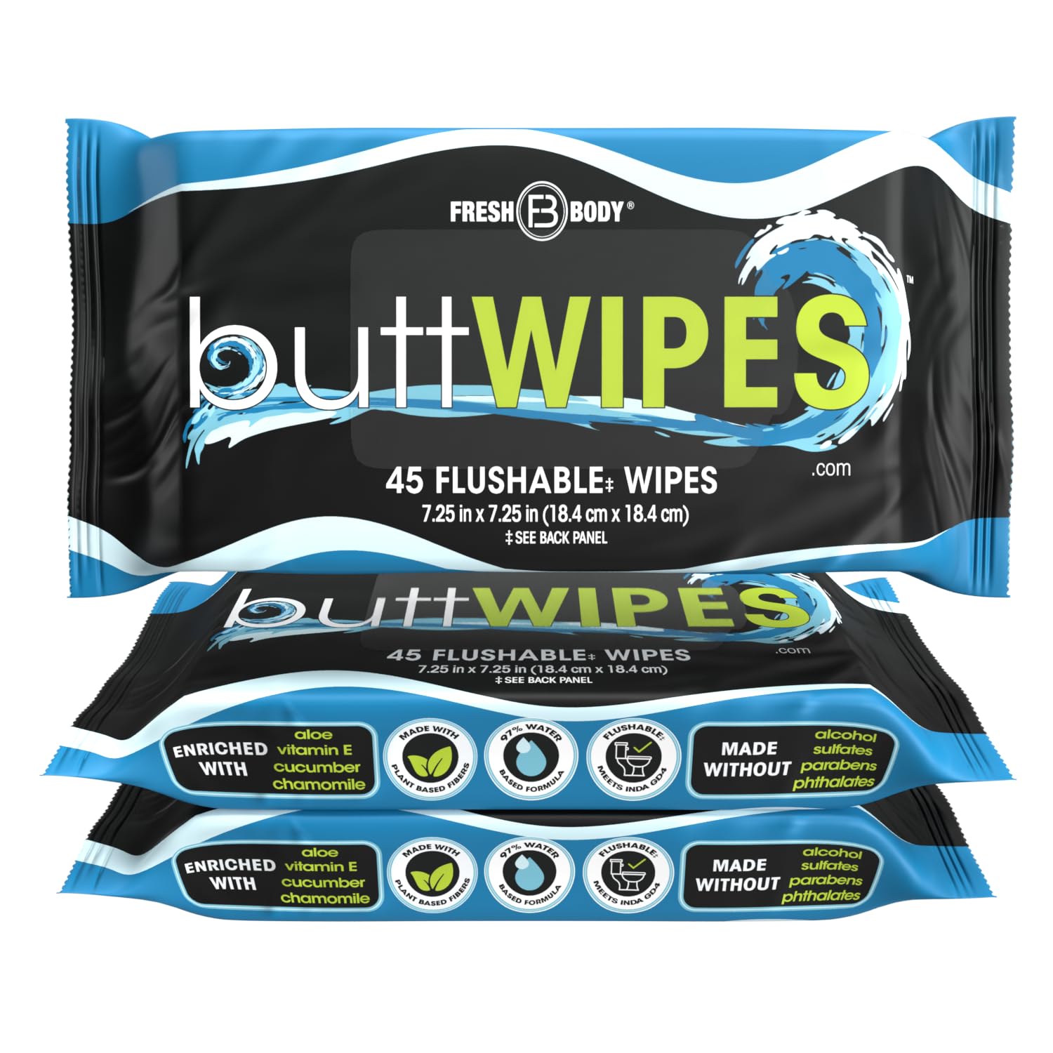 ButtWIPES Flushable Wipes - Butt Wipes Water-Based with Aloe and Vitamin E - Made Without Alcohol or Added Fragrance for Adults (Pack of 3)