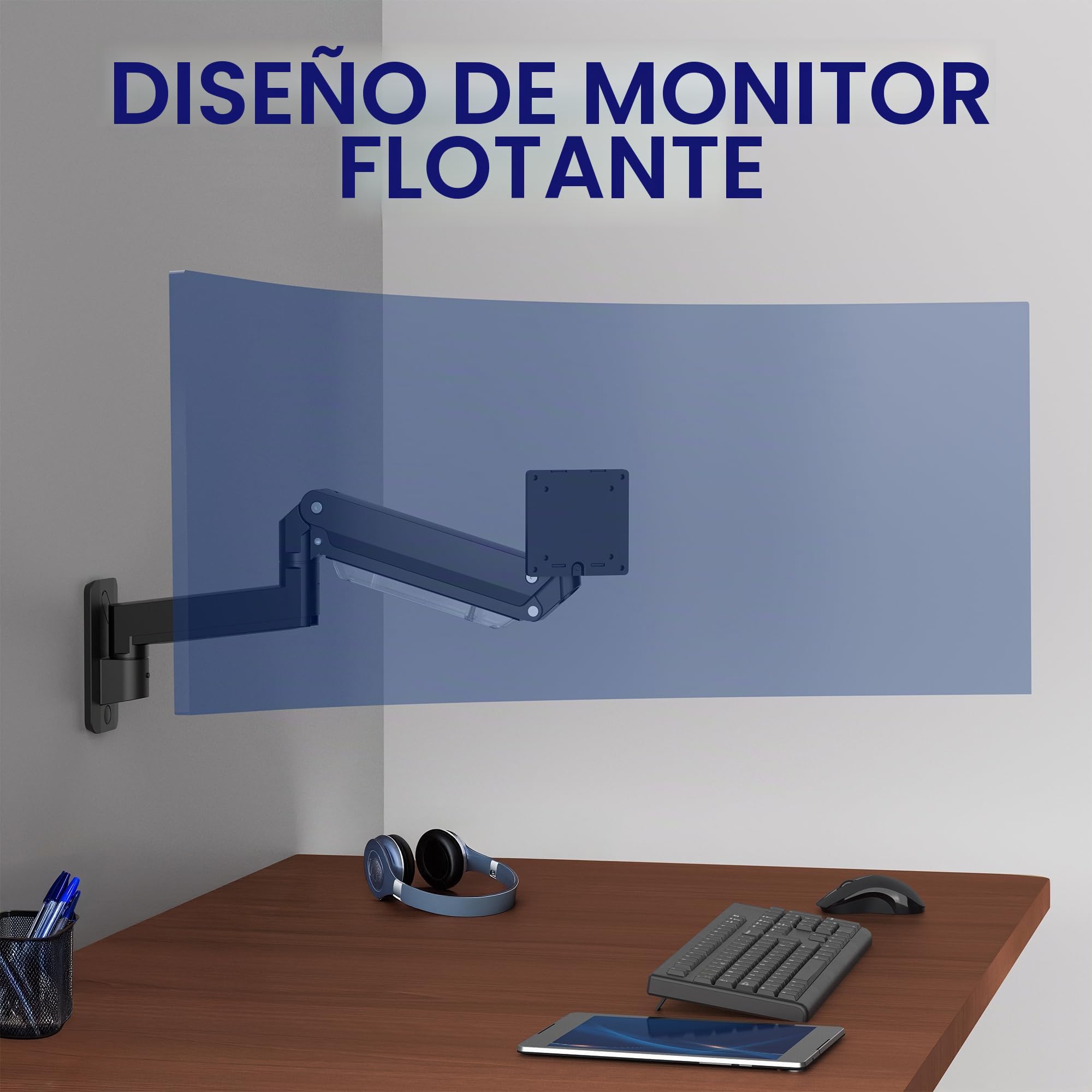 VIVO Brazo de Monitor de Aluminio Pantallas ultraanchas de hasta 49 Pulgadas y 20 kg, Montaje en Pared Individual, Altura neumática, VESA máxima 100 x 100, Negro, MOUNT-V101G1