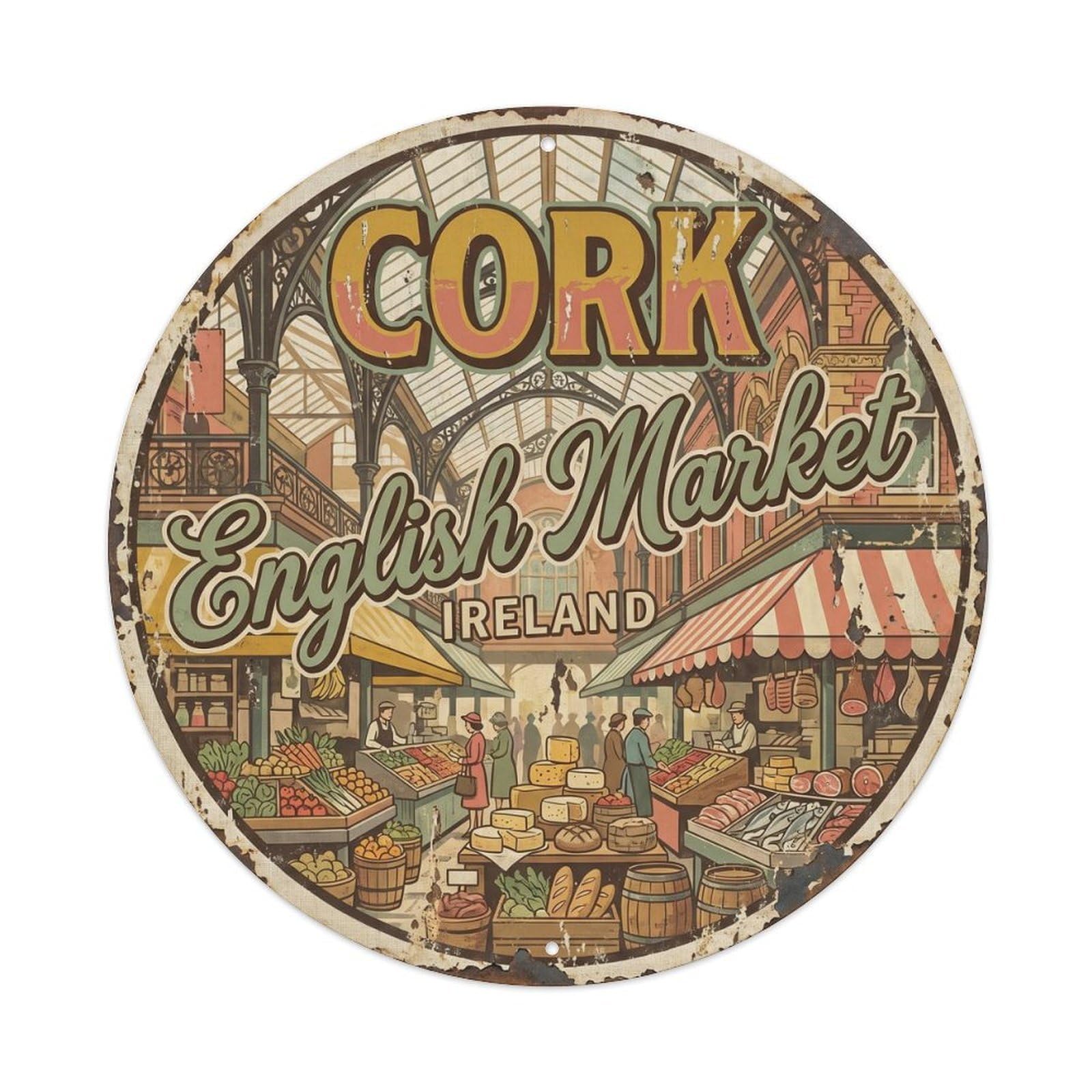 Vintage Travel Cork Market Ireland Artwork Metal Tin Sign Plaque Wall Decor for Cafe, Club, Garden Round Metal Poster 8x8Inch