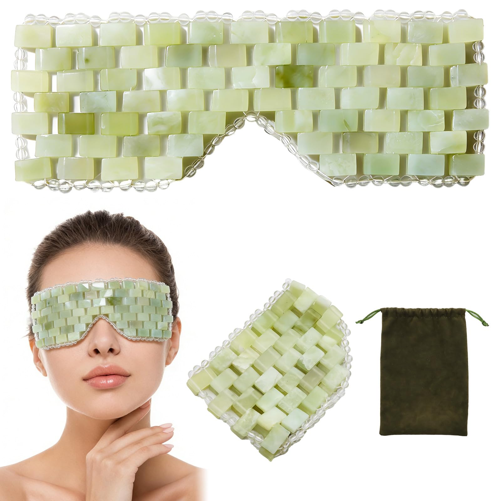 VEGCOO Maschera per gli occhi in giada, da donna, maschera per occhi in pietra antietà, borsa portaoggetti in velluto, per lenire la stanchezza, occhi gonfi, occhiaie e rughe