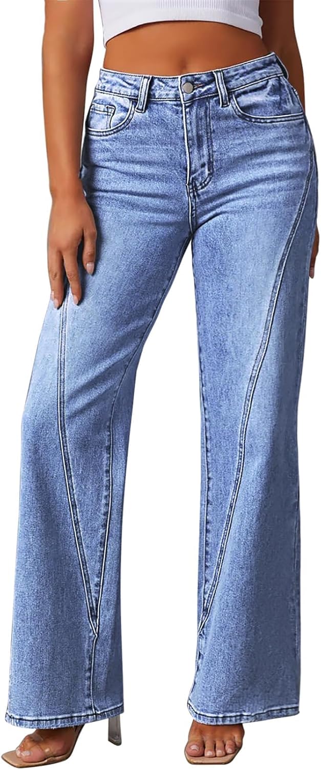 Pink Queen Wide Leg Jeans for Women 2025 High Waisted Casual Loose Fit Denim Pants Trendy Seamed Long Trousers with Pockets