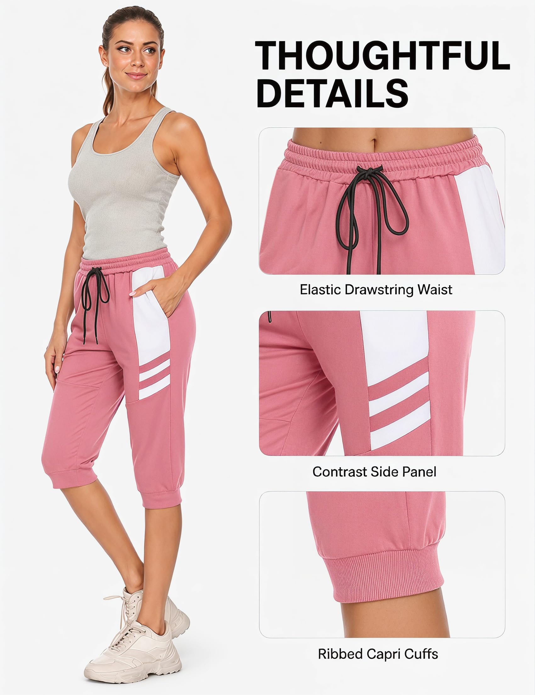 Terecey Jogginghose Damen Baumwolle Sporthose 3/4 Trainingshose Damen Caprihose Sommer Laufhose mit Taschen Freizeithose Sweathose für Jogger Frauen
