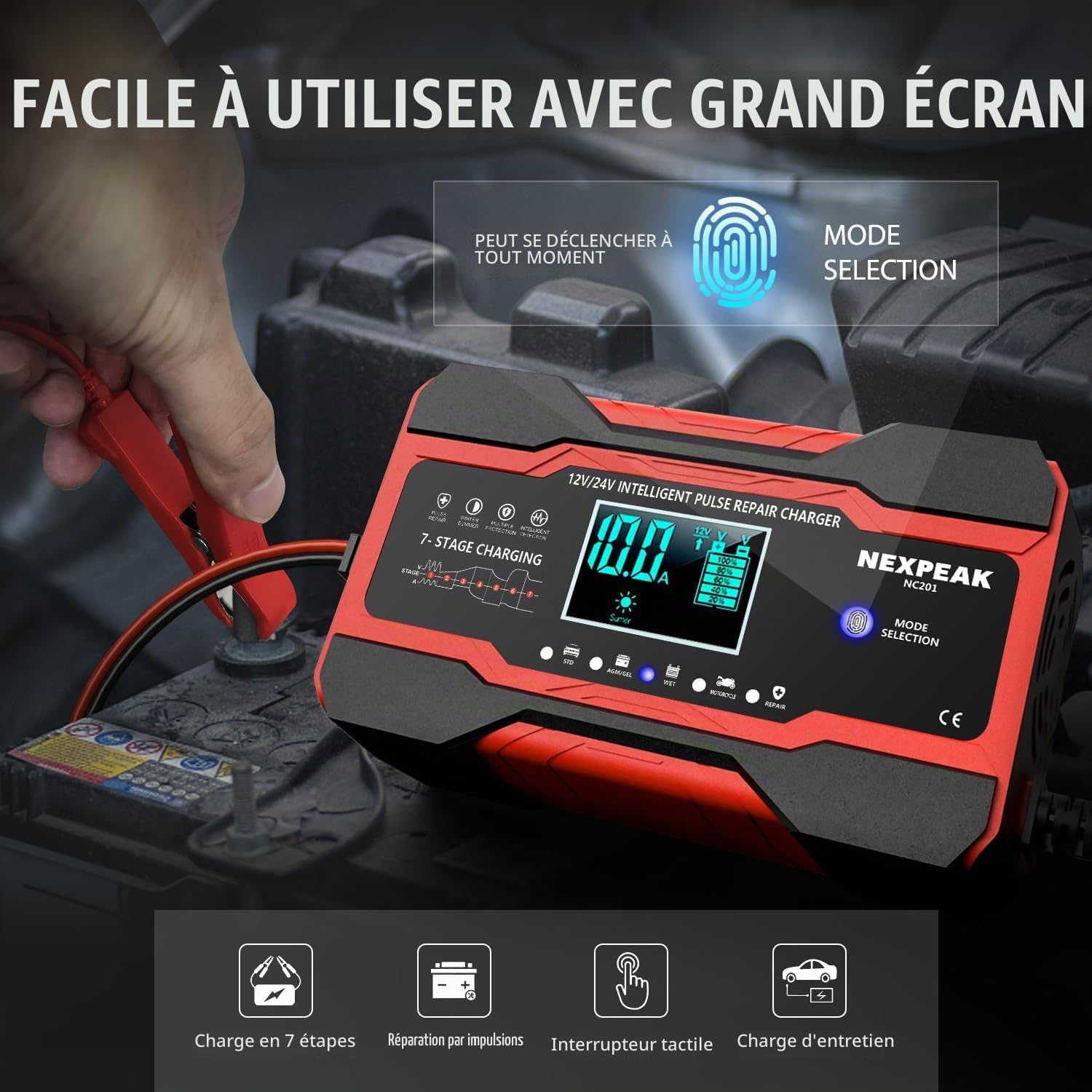 Chargeur rapide 12V 10A et 24V 5A - vue produit avec affichage