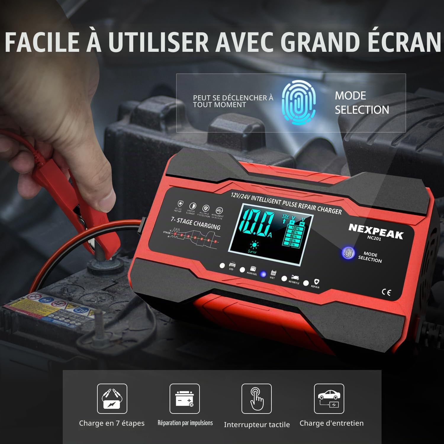 10A Chargeur de Batterie Voiture, NEXPEAK 10A 12V/5A 24V Chargeur de Batterie Intelligent Recharge Batterie Voiture, Mainteneur de Chargeur Batterie, avec Écran LCD pour Moto Camion/AGM/Gel/Wet/SLA | Chargeur 12V 10A/24V 5A, Charge 7 étapes, Réparation im