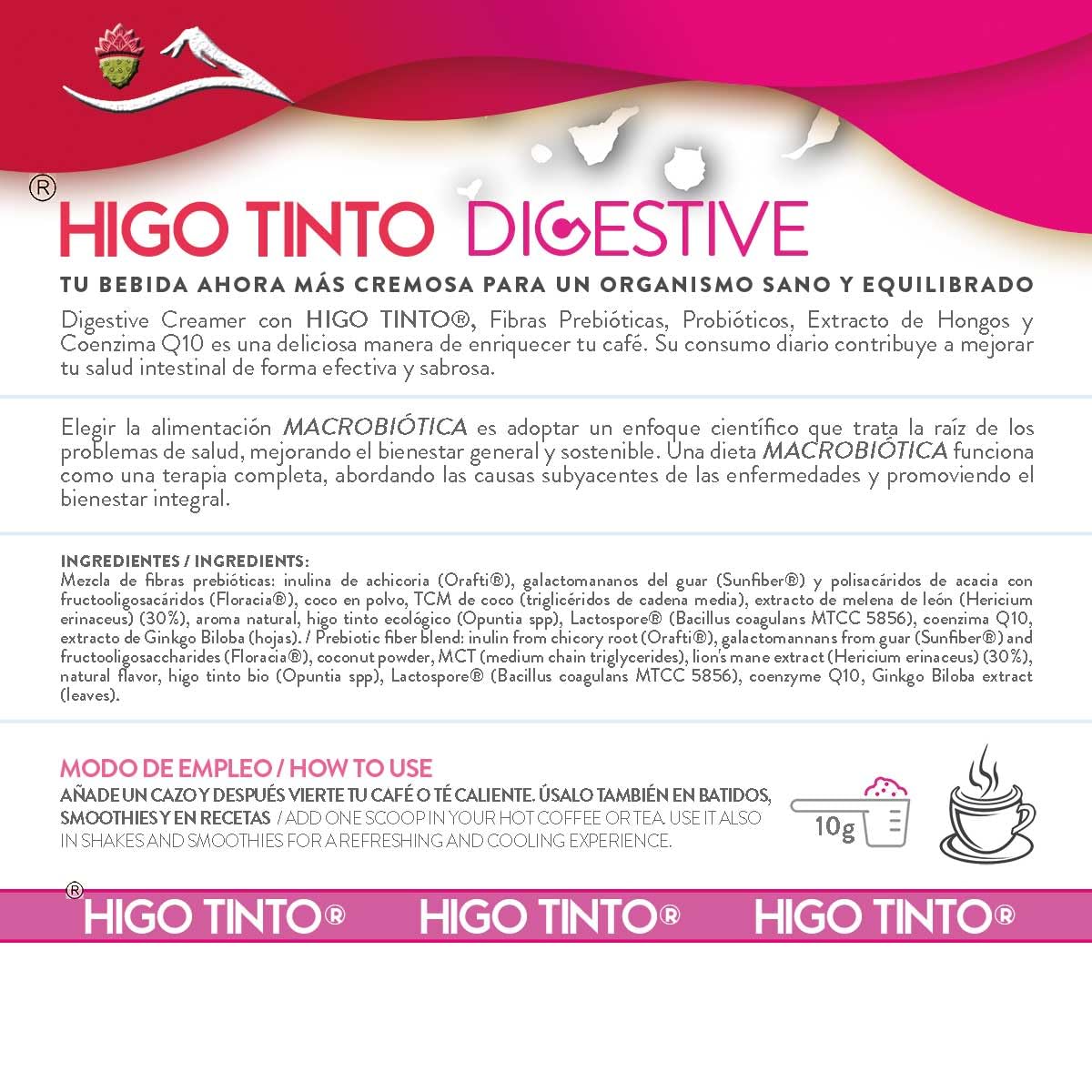 Digestive Creamer Bio Mejora la digestión y el bienestar – Probióticos + Prebióticos + Coenzima Q10 + Hongos funcionales – 300 g – Ideal para café – Sin azúcar – Con HIGO TINTO de Tuno Canarias