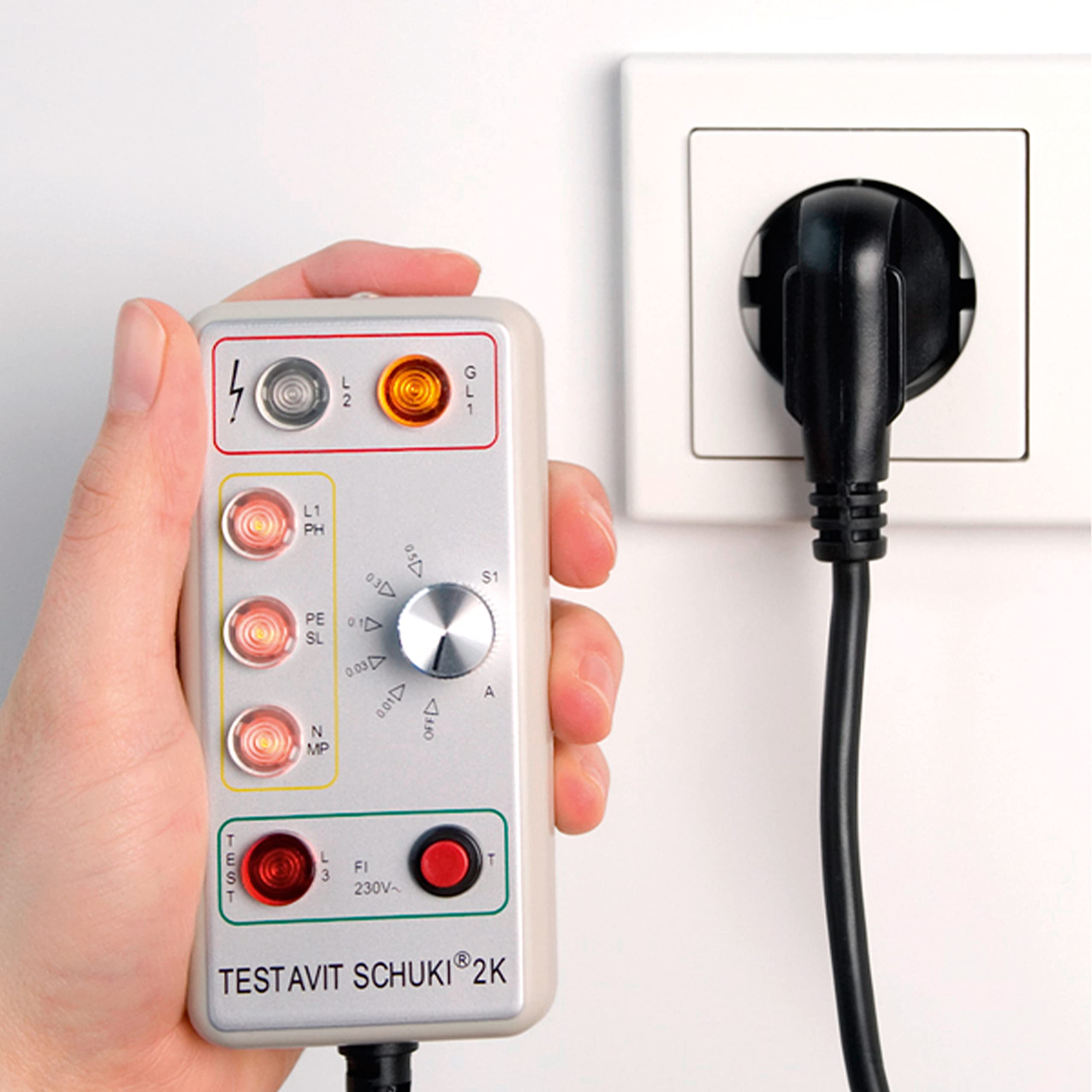 Testavit Schuki 2K Steckdosenprüfgerät mit FI-Test mit einstellbarem Nennfehlerstrom, Elektriker Werkzeug (LED Anzeige, 230 V, sichere Überprüfung), Grau