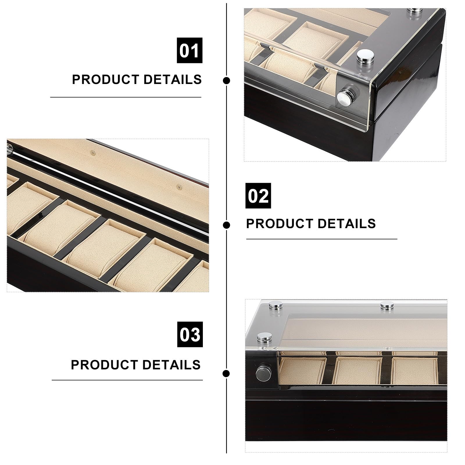 TEHAUX Elegante Uhrenbox aus Schwarzem Holz mit Durchdachtem Stauraum und Transparenter Acrylabdeckung für Stilvolle Uhrenaufbewahrung Zuhause oder Unterwegs