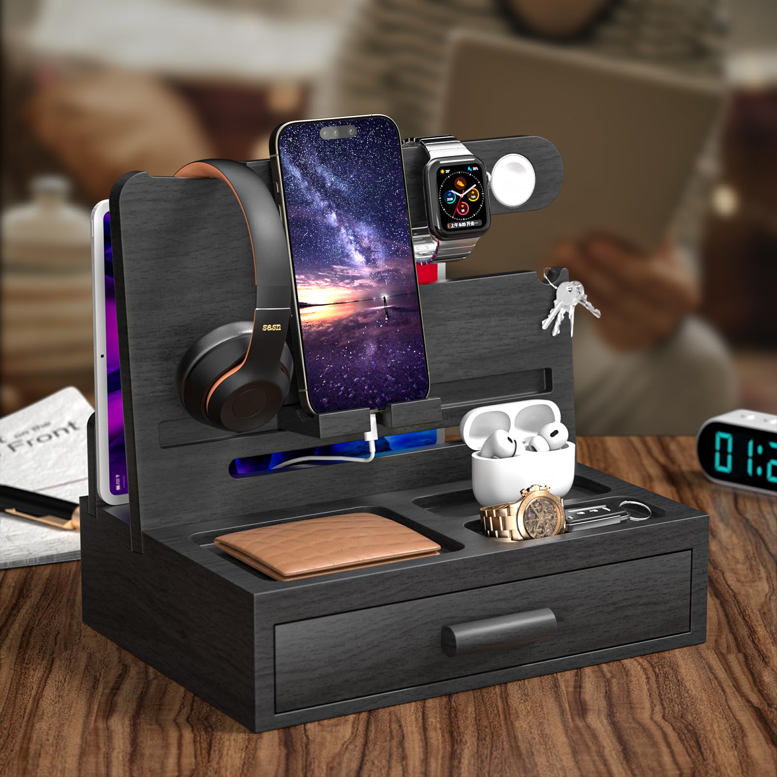 Sephyroth Docking station per telefono in legno con cassetto, organizer multifunzionale per telefoni, tablet e accessori, per uomini, padri, fidanzati (nero)