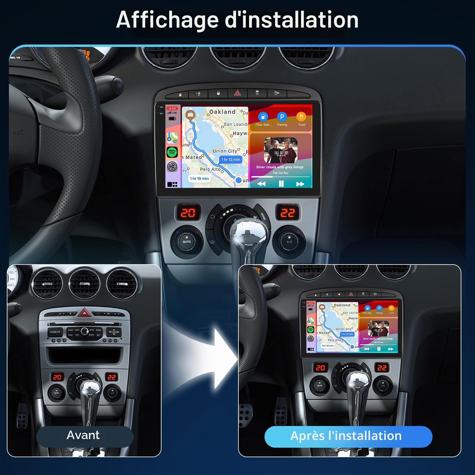 Hodozzy 4G+64G Autoradio pour Peugeot 308 408 2007-2015 Android Écran Tactile 9 Pouces GPS Carplay Android Auto sans Fil, Poste Radio Voiture 2 Din Bluetooth DSP WiFi Radio FM RDS Navigation Caméra