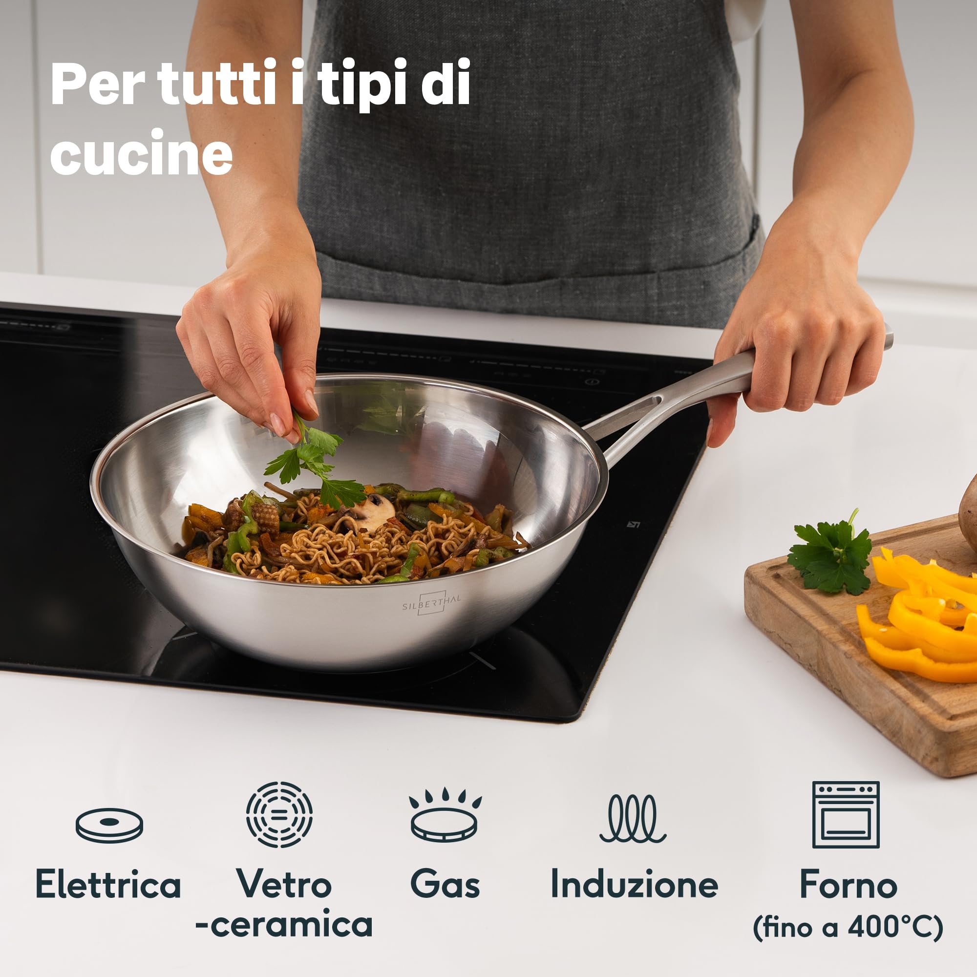 SILBERTHAL Wok acciaio inox 18/10 - Saltapasta 28 cm - Padella wok induzione - Pentola wok professionale