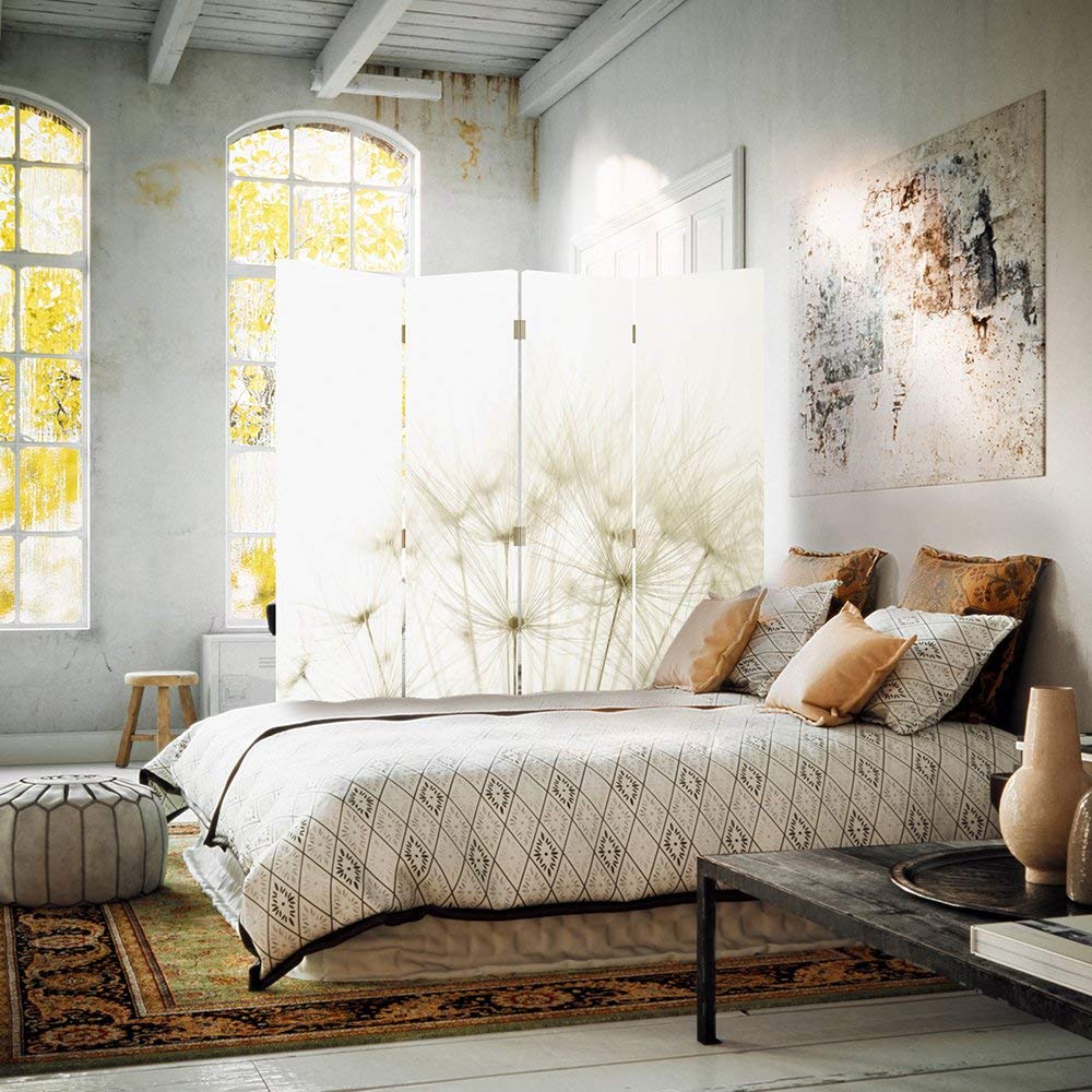 Feeby Biombo Diente De León 4 Piezas 145x180 cm Bilateral Divisor Plegable Impresión en Lienzo Separador de ambientes Habitación Salón Oficina Dormitorio Home Office Naturaleza Plantas Blanco