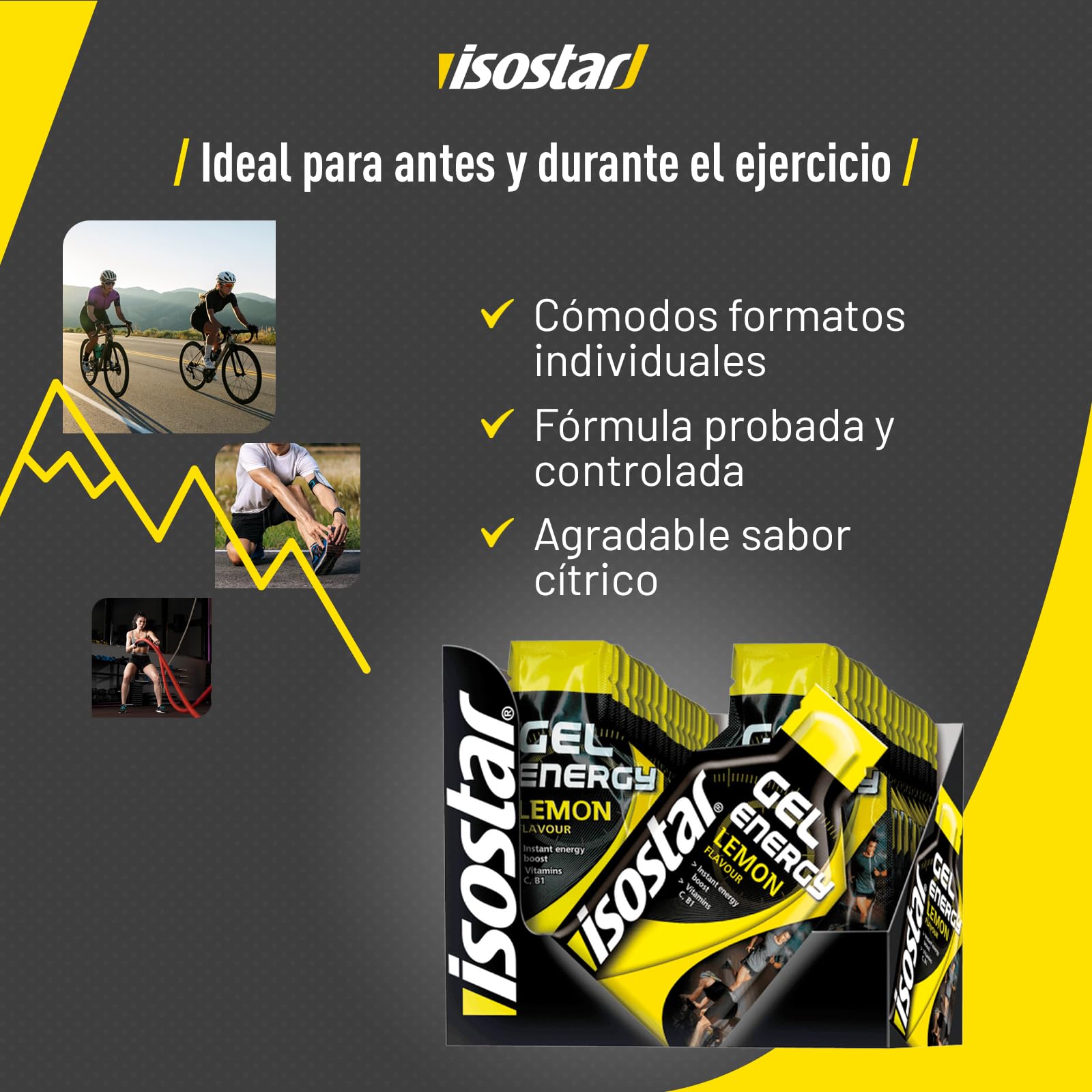 Isostar, Caja Gel energético sabor limón. Con Vitamina C y B1 ideales para mantener el metabolismo energético durante el esfurezo. (24 unidades)