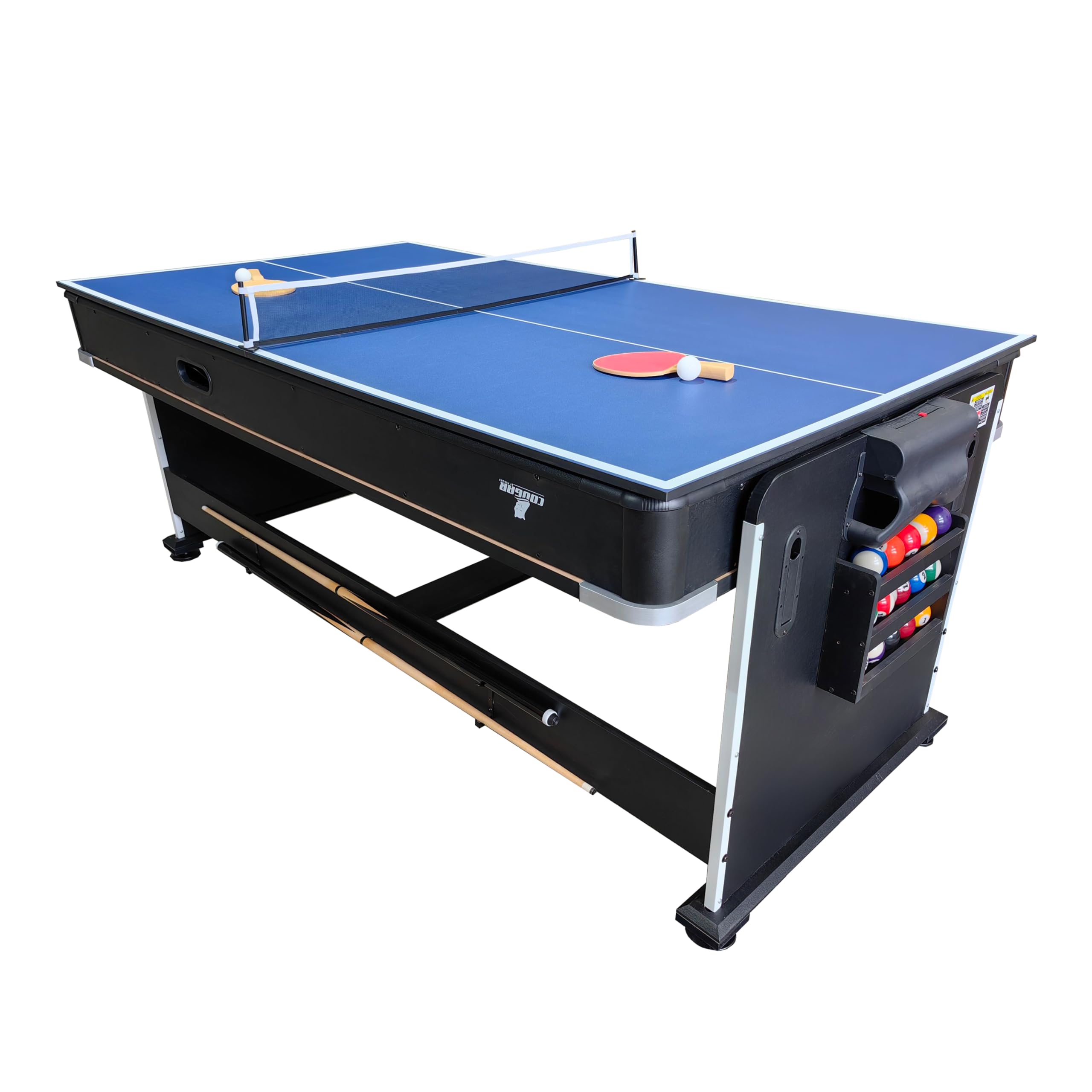 Cougar 4-in-1 Multi Spieltisch in Schwarz | Multi funktions Spieltisch inkl. Zubehör | Multigame/Multispieltisch | Tischtennis, Pusch Hockey, Billardtisch & Esstisch