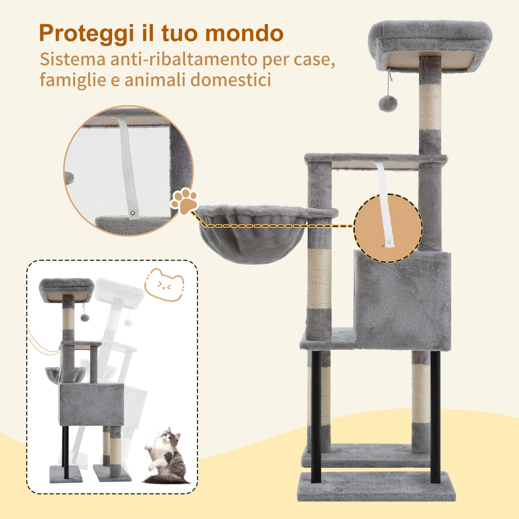 Heybly Albero Tiragraffi Per Gatti Alto 125 cm, Torre Per Gatti Spaziosa E Confortevole Con Tana, Due Ampie Piattaforme, Tiragraffi In Sisal, Cestino, Robusti Tubi In Acciaio, Grigio Chiaro HCT200SW-