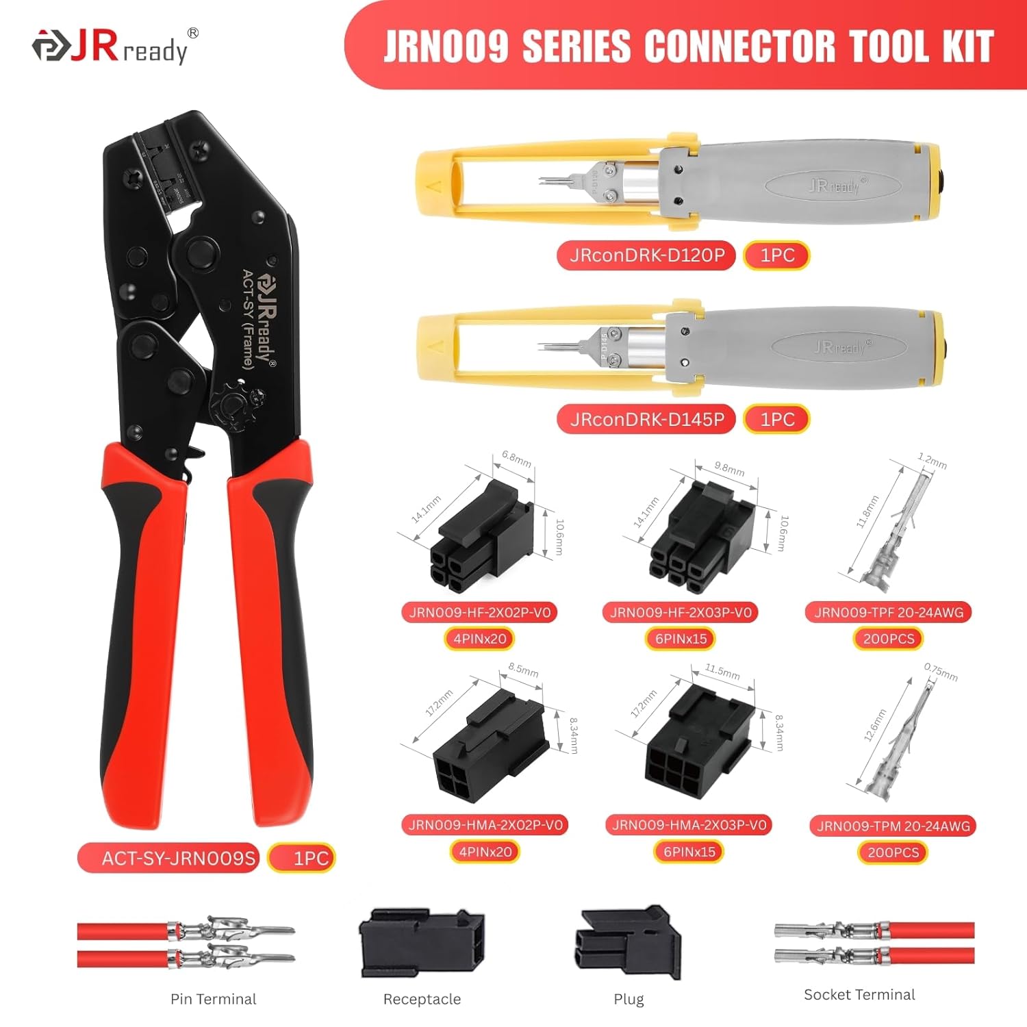 JRready ST6478+ST6544 .093" .062" Micro-Fit Pin Connectors Kit Crimper Terminal Removal Tool Molex Connector 14-24AWG/20-24AWG Male Female Pins for Electrical Connector