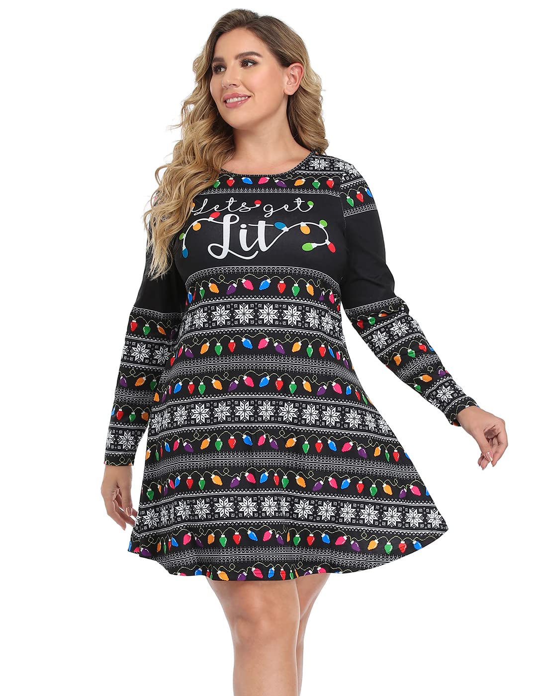 HDE Women's Plus Size Party Dress Ugly Christmas Sweater Long Sleeve Above Knee Skater Dress Fun Holiday Xmas Swing Tunic