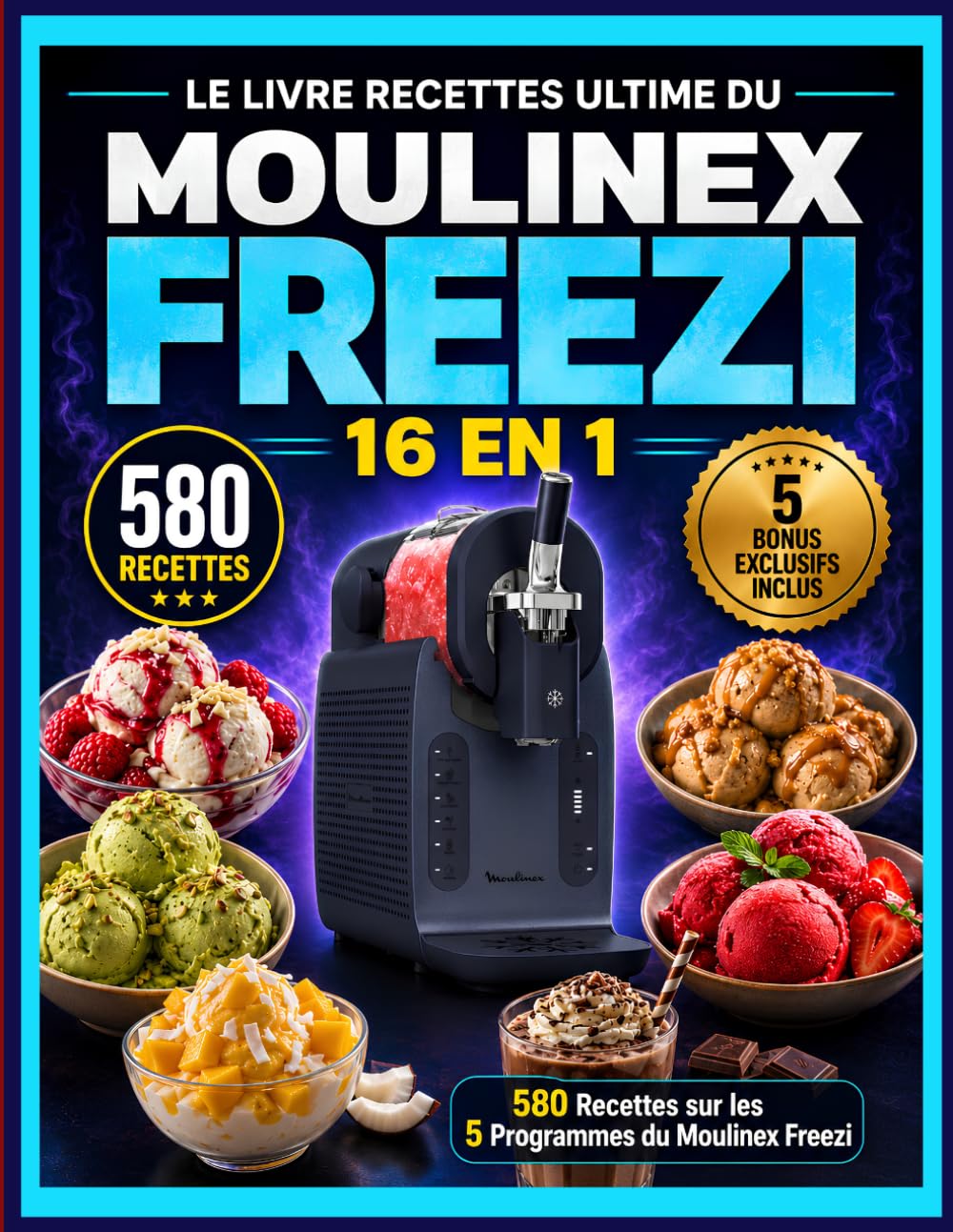 LE LIVRE RECETTES ULTIME DU MOULINEX FREEZI: 580 Recettes sur les 5 Programmes: Glaces, Sorbets, Yaourts Glacés, Milkshakes, Granités et Cocktails. Avec Guide de Réussite et Dépannage Complet. 16 en 1