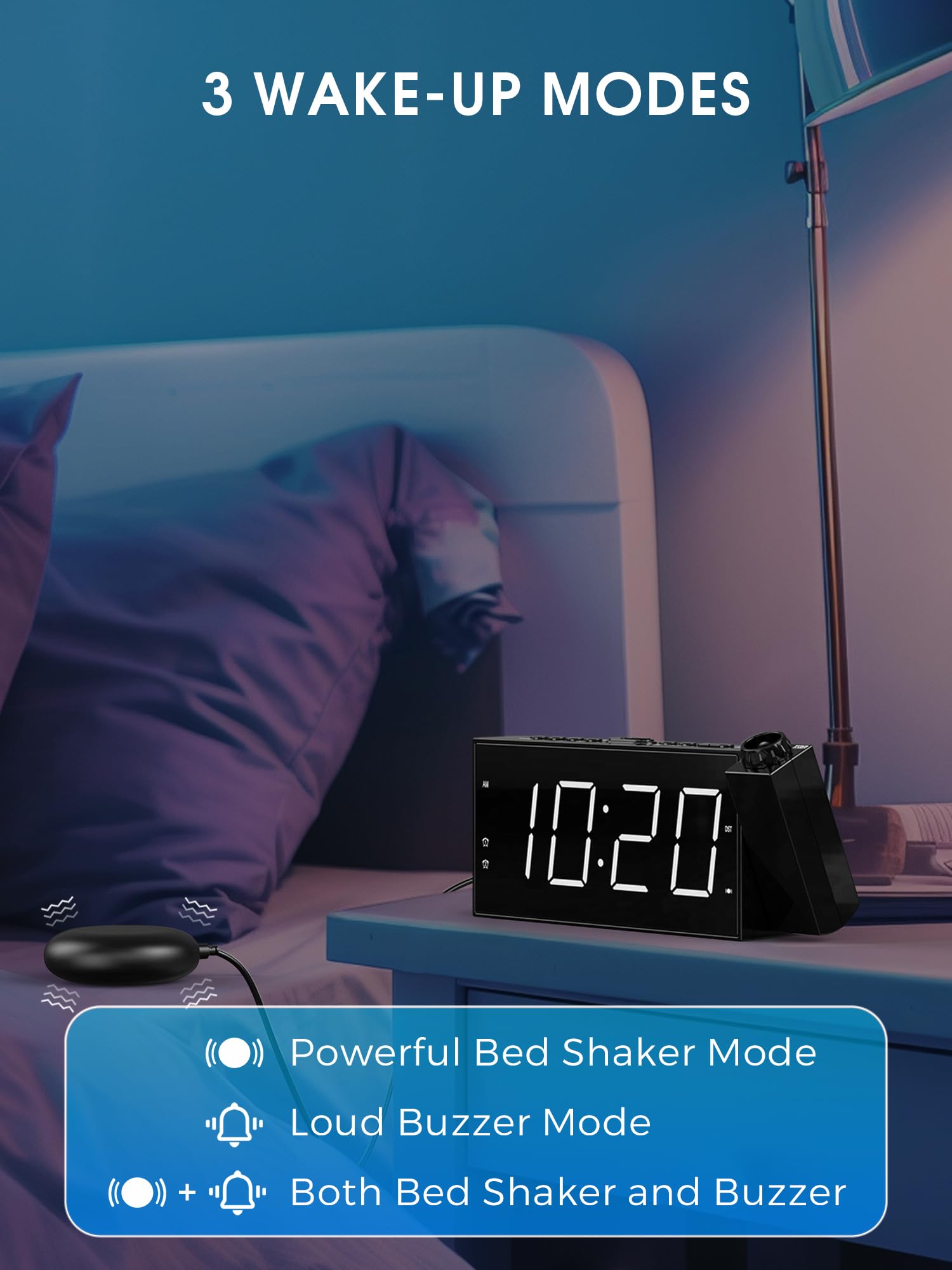Sveglia A Vibrazione Digitale Con Vibratore per Sordi, Proiezione per Camera da Letto, Doppie Sveglie, Luminosità Regolabile, Volume, Porta USB, Bianco