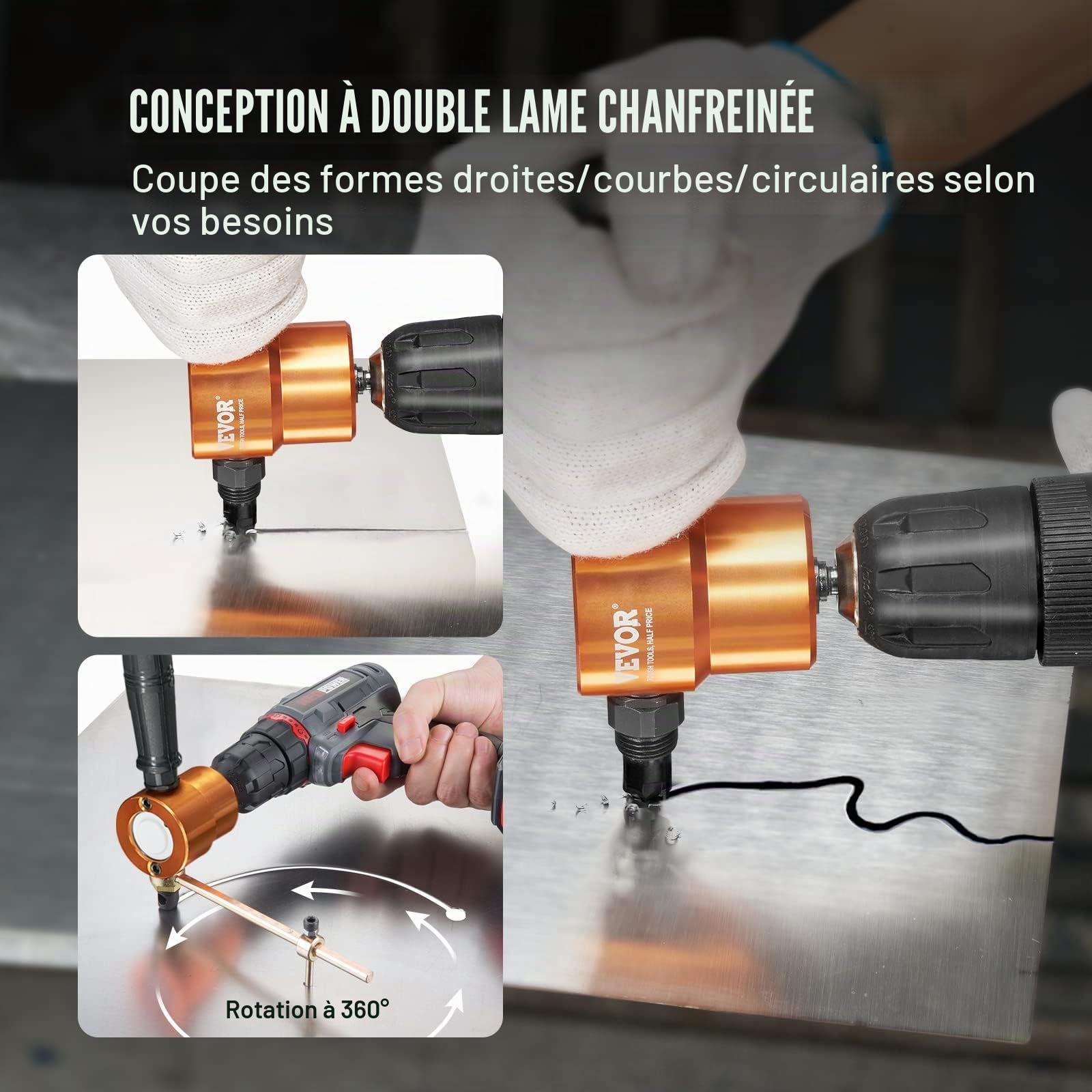 VEVOR Grignoteuse de Tôle Double Tête Rotative à 360° Coupe-Plaque de Perceuse Électrique de 1500-3000 tr/min Épaisseur de Coupe 1,6 mm Cisaille à Tôle sur Perceuse pour Couper Métaux Plastique Bois