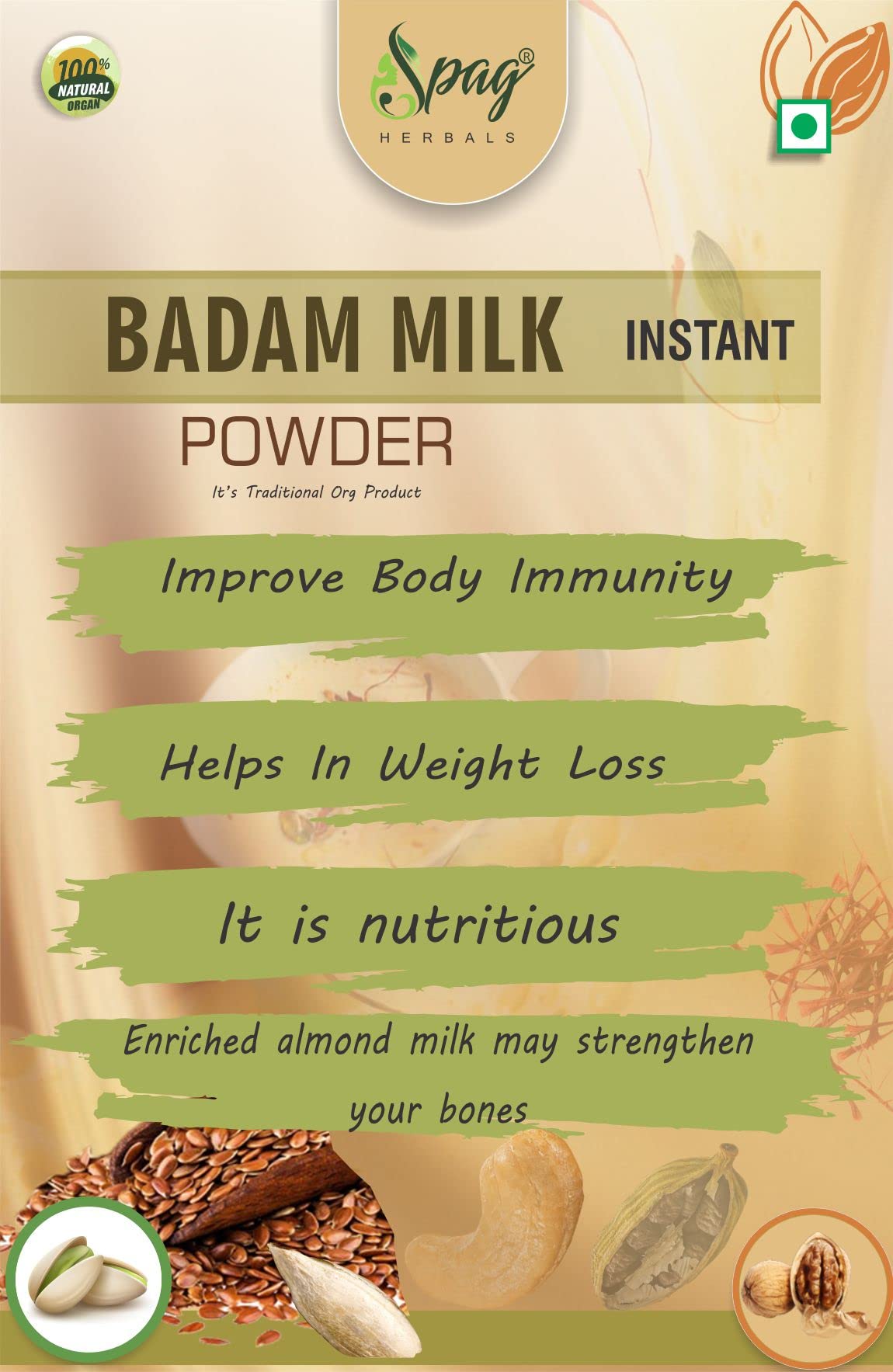 Spag Herbals Instant badam milk drink kashmiri kesar Saffron mix with real bits almond nutritious healthy and refreshing powder KG (Just Add Hot Water NO MILK) — Amazon image 3