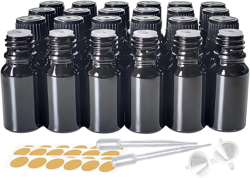 DZREVEOTA Frascos de Vidro Preto para Óleos Essenciais 10 mL com Conta-Gotas, Redutores de Orifício, Funis e Etiquetas, Pacote com 24