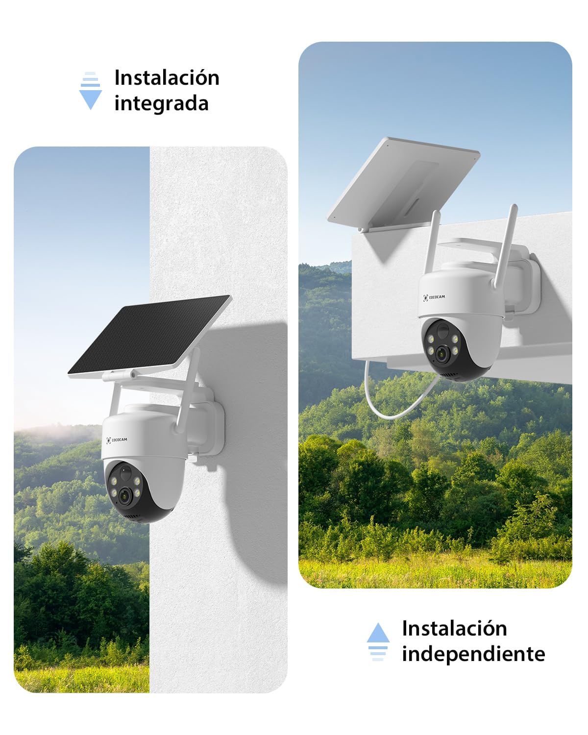 COCOCAM 4K 8MP Camara Vigilancia WiFi Exterior Solar con 10000mAh Batería | Panel Solar Ajustable 5W, Reconocimiento por IA, Detección Humana Mediante PIR, 355°P 90°T, WiFi 2.4GHz, WIFI 6, IP66