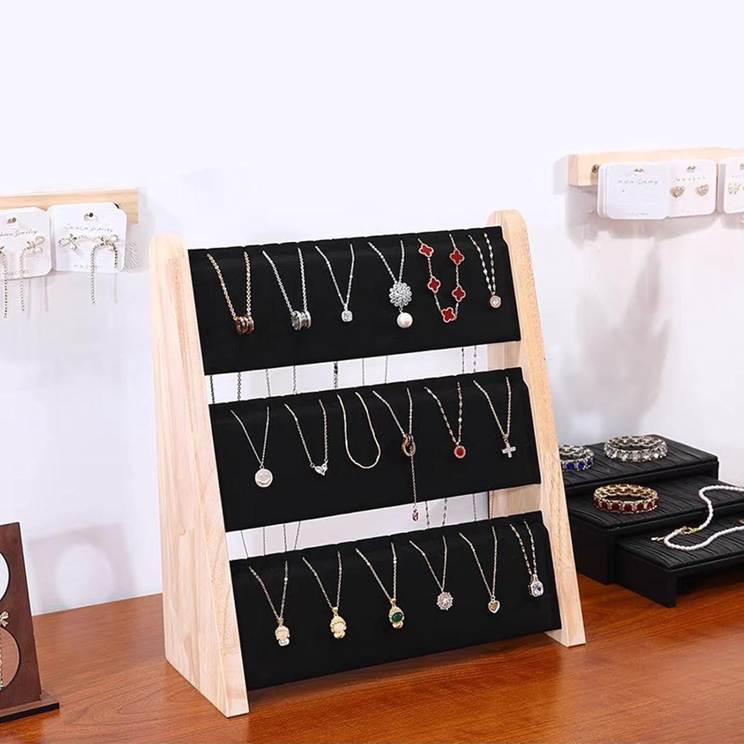 TANG SONG Triple-Decker Wood Leather Soft Mat Multiple Necklace Display Stand Necklace Chains Organizer Holder for Home (Black)