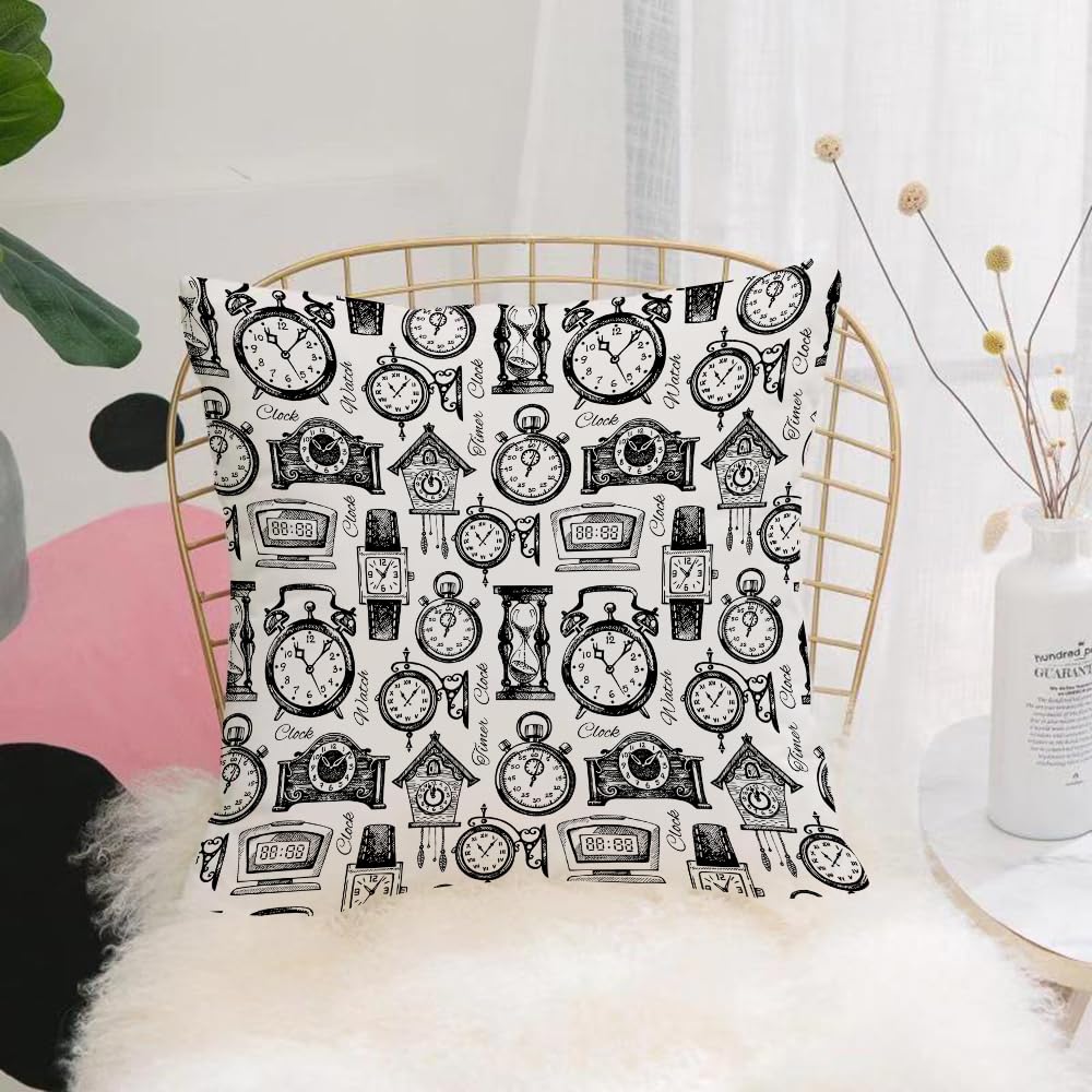 HYOSXW Cushion Cover,Throw Pillow Case Home Decorative for Living Room Bedroom Sofa Chair 16X16 Inch,Hand drawn clocks and watches. Vintage hand drawn sketch seamless pattern.,Pillowcase 40X40cm