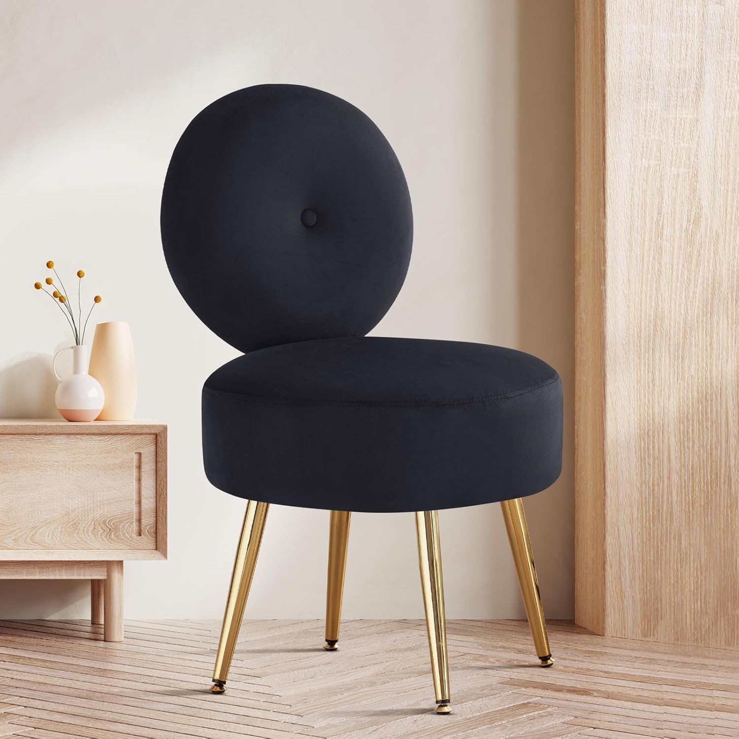 Craft Capital Modern Velvet Makeup Chair – Armless Upholstered Vanity Stool with Golden Metal Legs, Round Backrest for Makeup Room, Bedroom, and Dressing Room (Black)-image-29