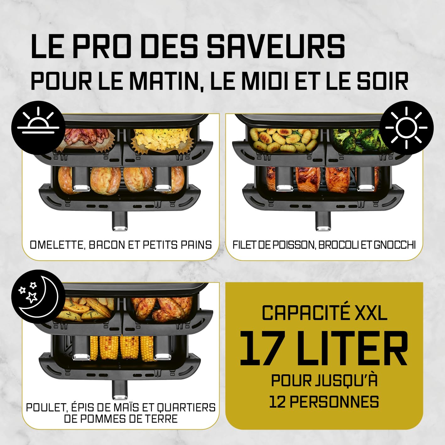 GOURMETmaxx FryUp3 Friteuse à air chaud verticale 3 chambres | Friteuse à air chaud XXL 17 litres | Airfryer avec écran tactile pliable multicolore | Friteuse à air pour 12 personnes | 12 programmes