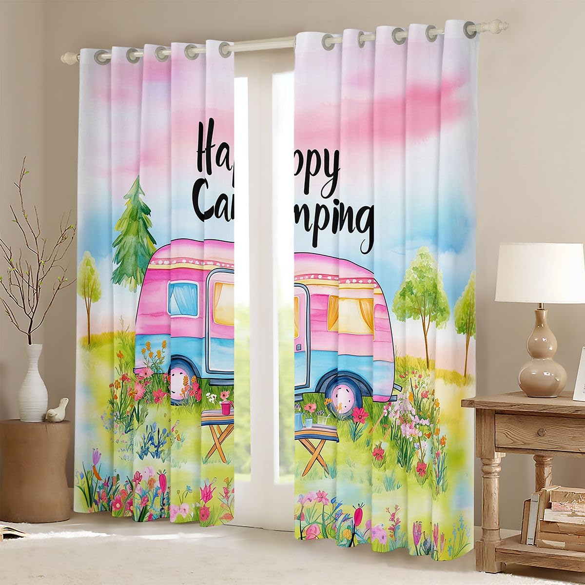 RV Lot de 2 rideaux de fenêtre pour adultes et enfants, taille XL, aquarelle, fermeture éclair, fleurs, bons rideaux occultants, pour les amateurs de camping, les voyages, 245 x 140 cm