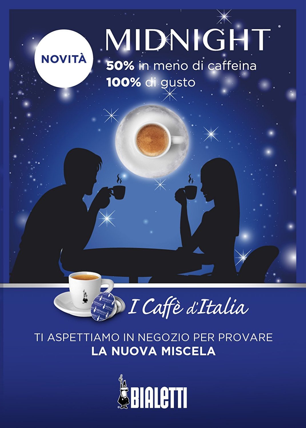Bialetti Cápsulas espresso medianoche, sabor delicado -50% cafeína 64 unidades