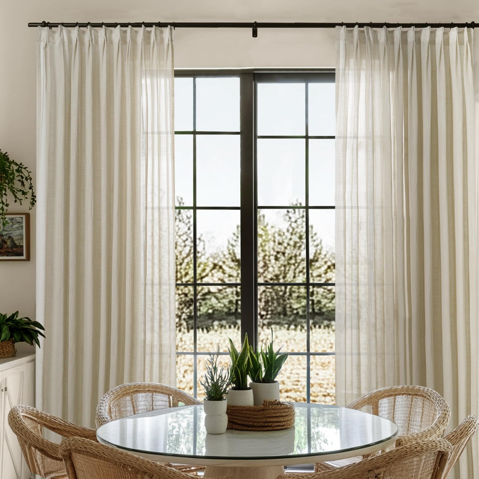 TWOPAGES Semi Sheer Curtains 108 inches Long 2 Panels Linen Texture Sheer Window Curtain Panels for Living Room Kitchen Office Pinch Pleat Solid Voile