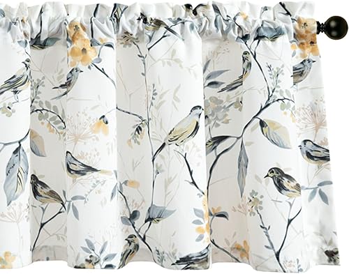 VOGOL - Cenefa gris para ventanas de sala de estar, 1 panel con patrón de pájaros, textura de lino para cocina, cenefa rústica corta de 42 x 18