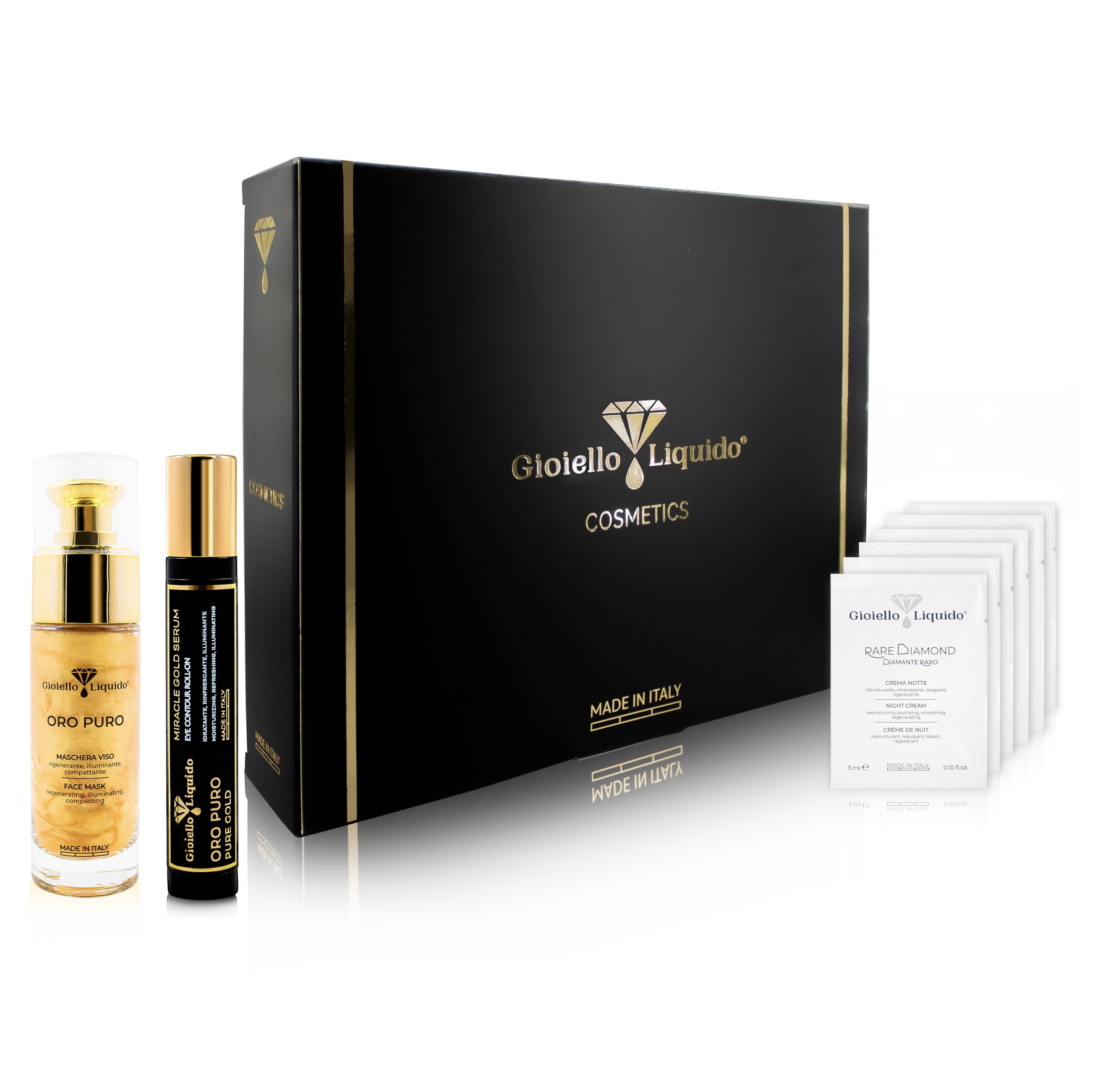 Box mit strahlendem Blick - 1 Gesichtsmaske mit kolloidalem Gold und Hyaluronsäure 30 ml + 1 Roll-on Augenkontur mit Kofferin, Kolloidales Gold 15 ml - Gratis Proben-Set - Gioiello Liquido