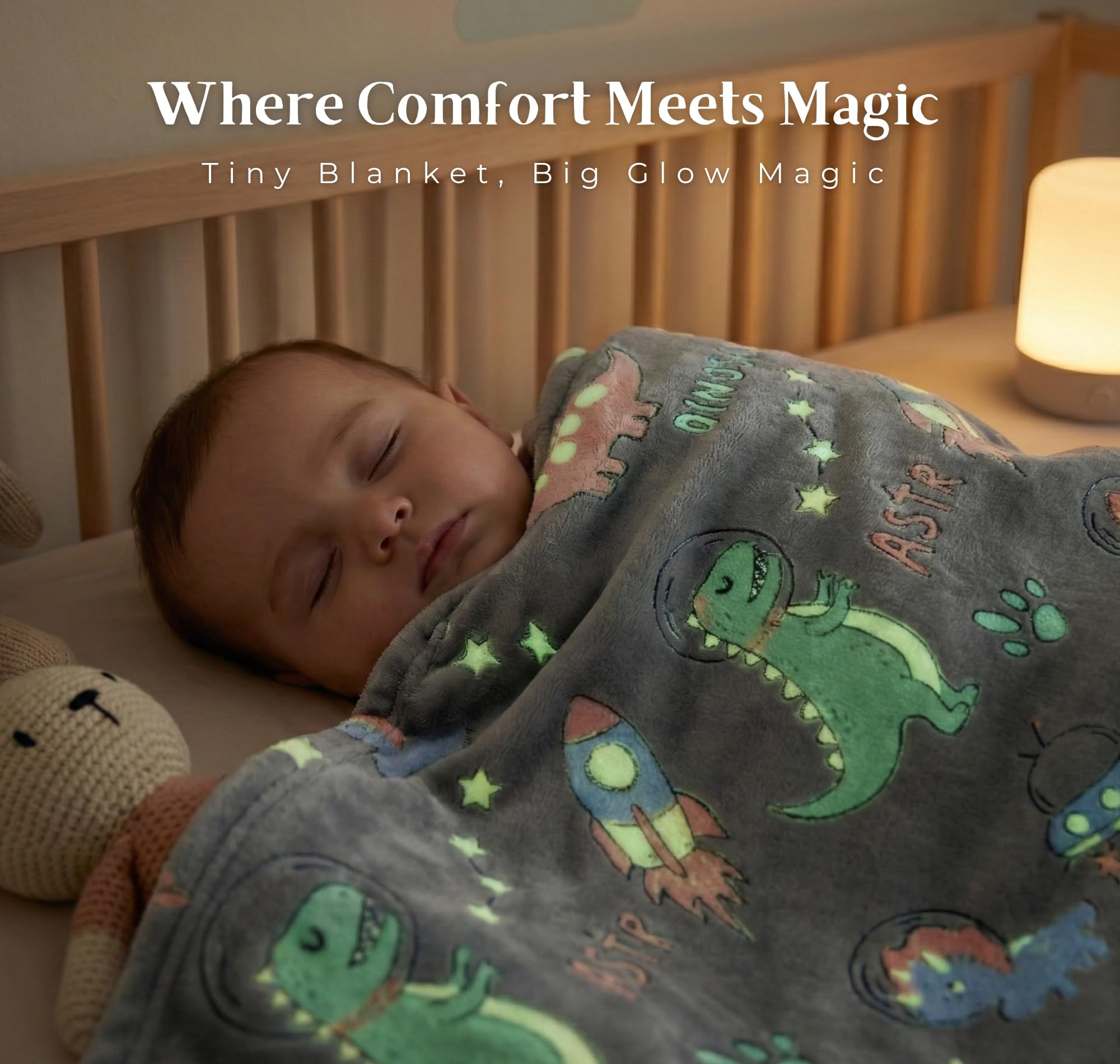 BSB HOME Glow in The Dark Kids Blanket, Soft Flannel Fleece Luminous Blanket for Boys & Girls, Cozy Lightweight Kids Throw for Bed – 30 x 40 in (76 x 102 cm) (Dinosaur & Space Theme - Dark Grey) 1