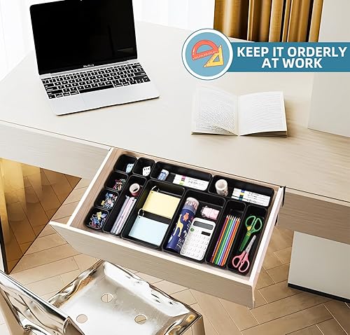 Miniatura 5 de Juego de organizador de cajones de 15 piezas, 3 tamaños entrelazados de plástico para suministros de oficina, tocador de maquillaje de joyas, baño,