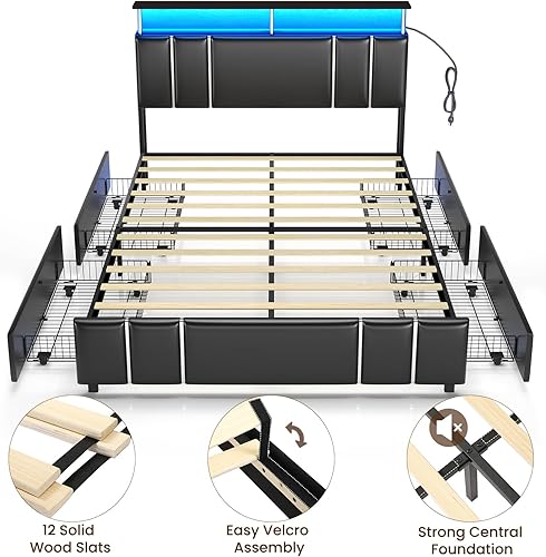 Miniatura 8 de VIAGDO Base de cama de tamaño matrimonial con cabecera de estantería y 4 cajones de almacenamiento, base de cama matrimonial tapizada de cuero con