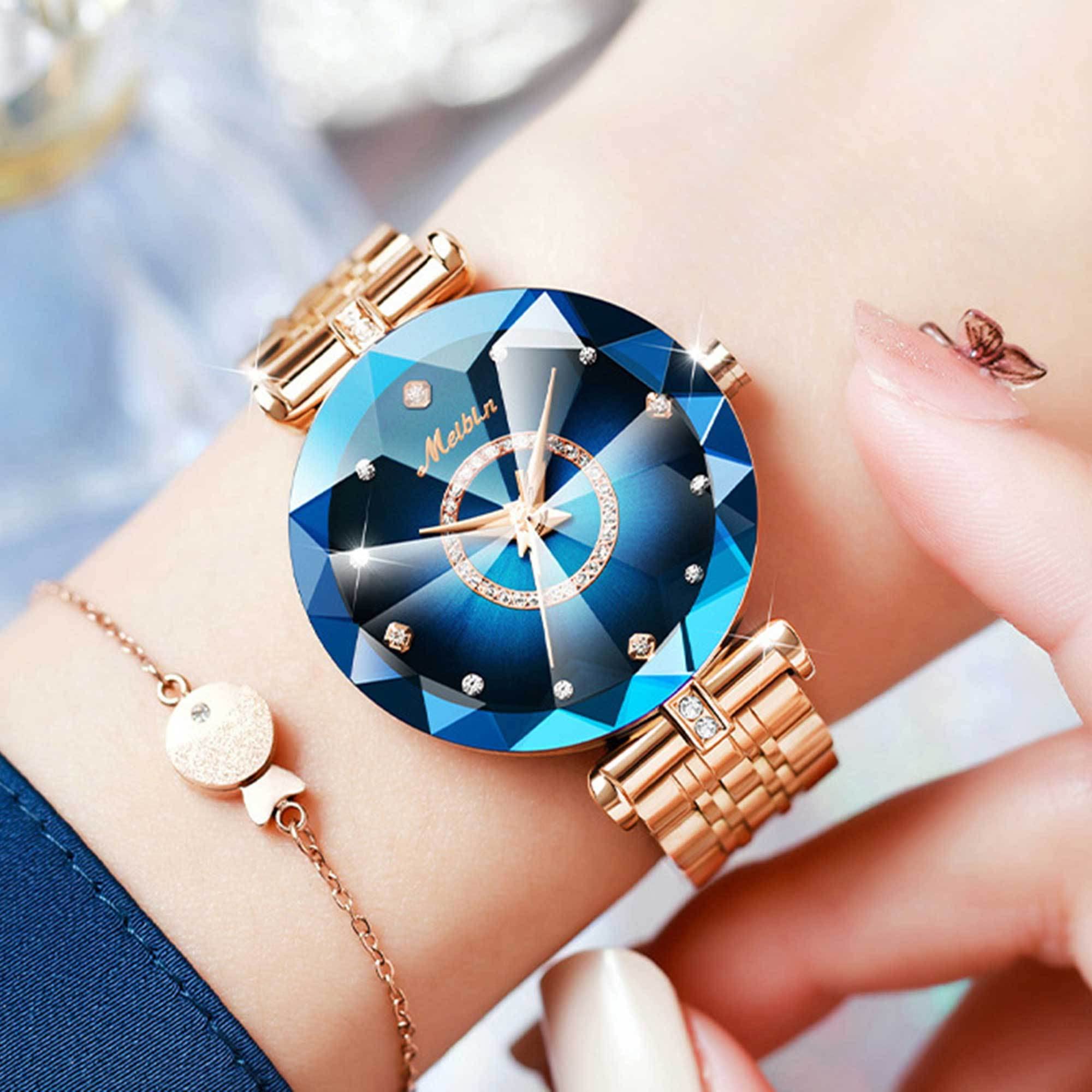 findtime Uhr Damen Analog Quarz Armbanduhren Gold Klassische Mode Damenuhr Edelstahlarmband Blaues Zifferblatt Blume 3ATM Wasserdicht Elegant Armreif Frauen Diamant Designer