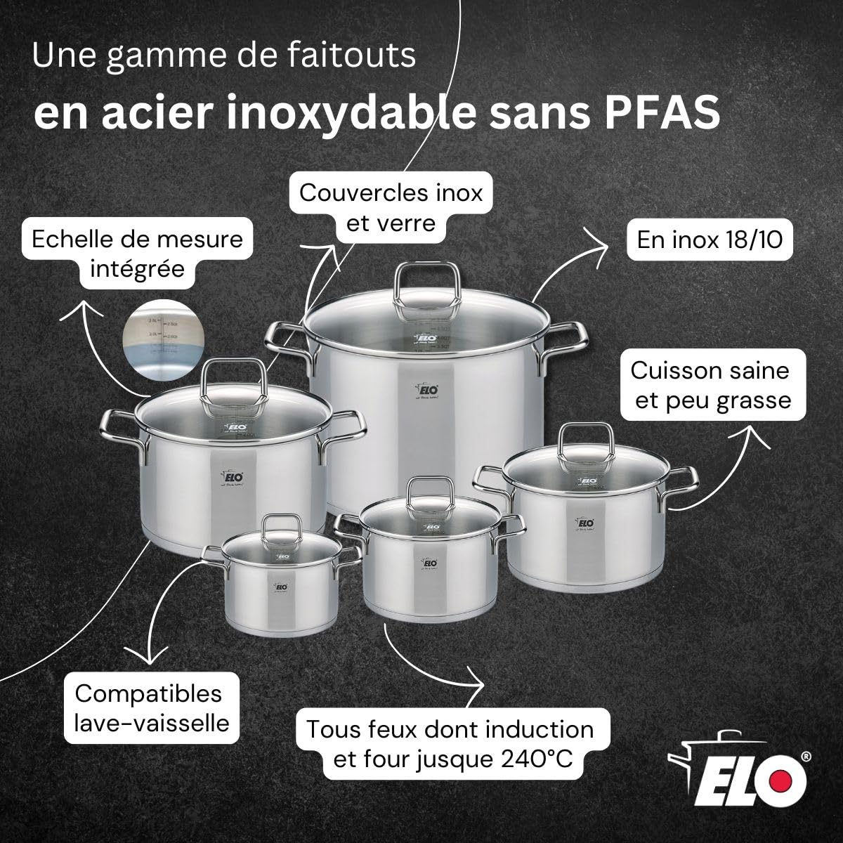 Elo Batterie de cuisine 3 poêles 24/28/32 cm et 4 faitouts 14/16/20/26 cm | Cuisson homogène, 7 pièces pour équiper la cuisine, Inox 18/10, Poêles 24 28 32 cm, Faitouts 14 16 20 26 cm, Induction four