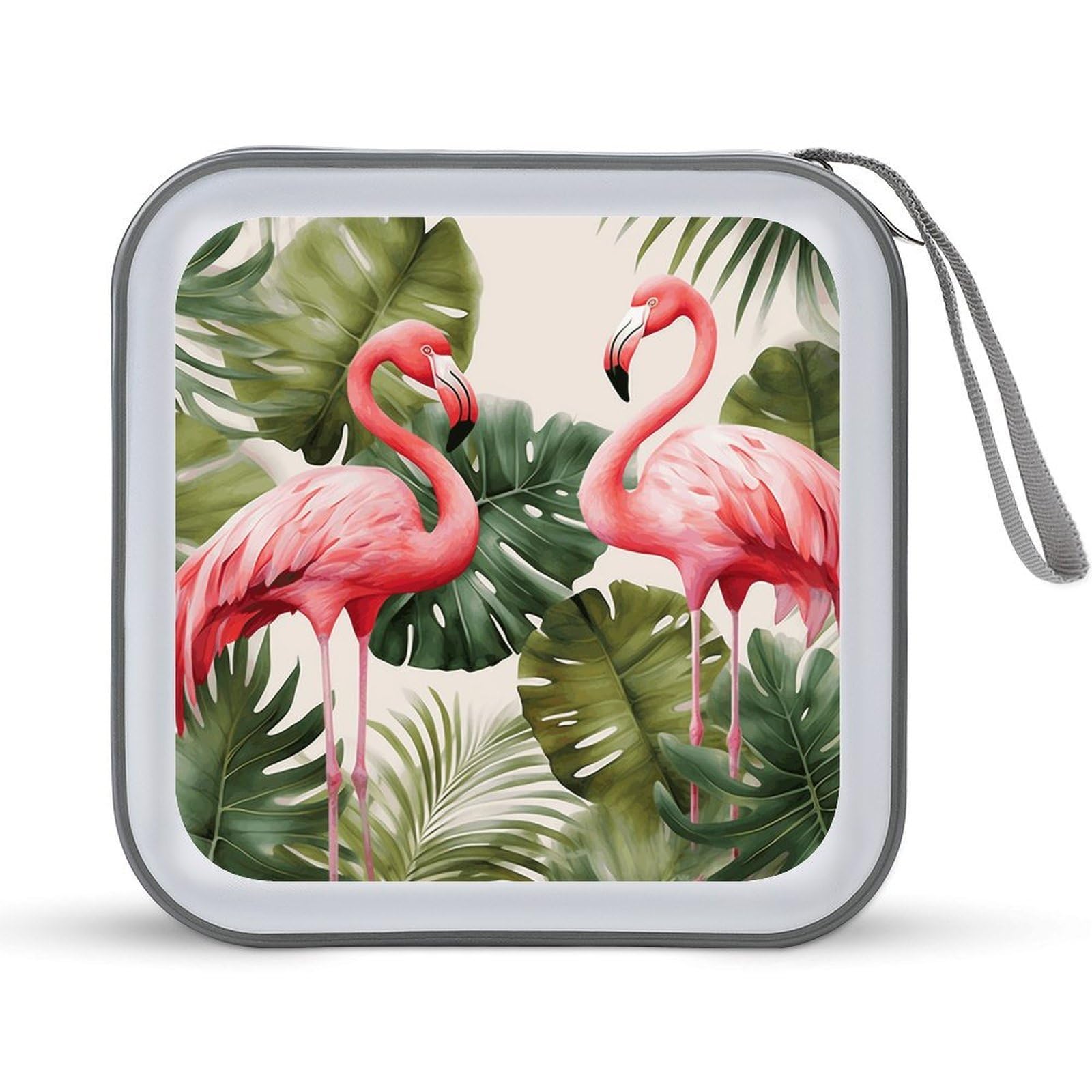 VstaDank - Flamingo Palm Leaves CD Case, 40 Capacity, with Zipper Disc Storage Organizer, Portable Hard Plastic Storage CD Holder, Organizer