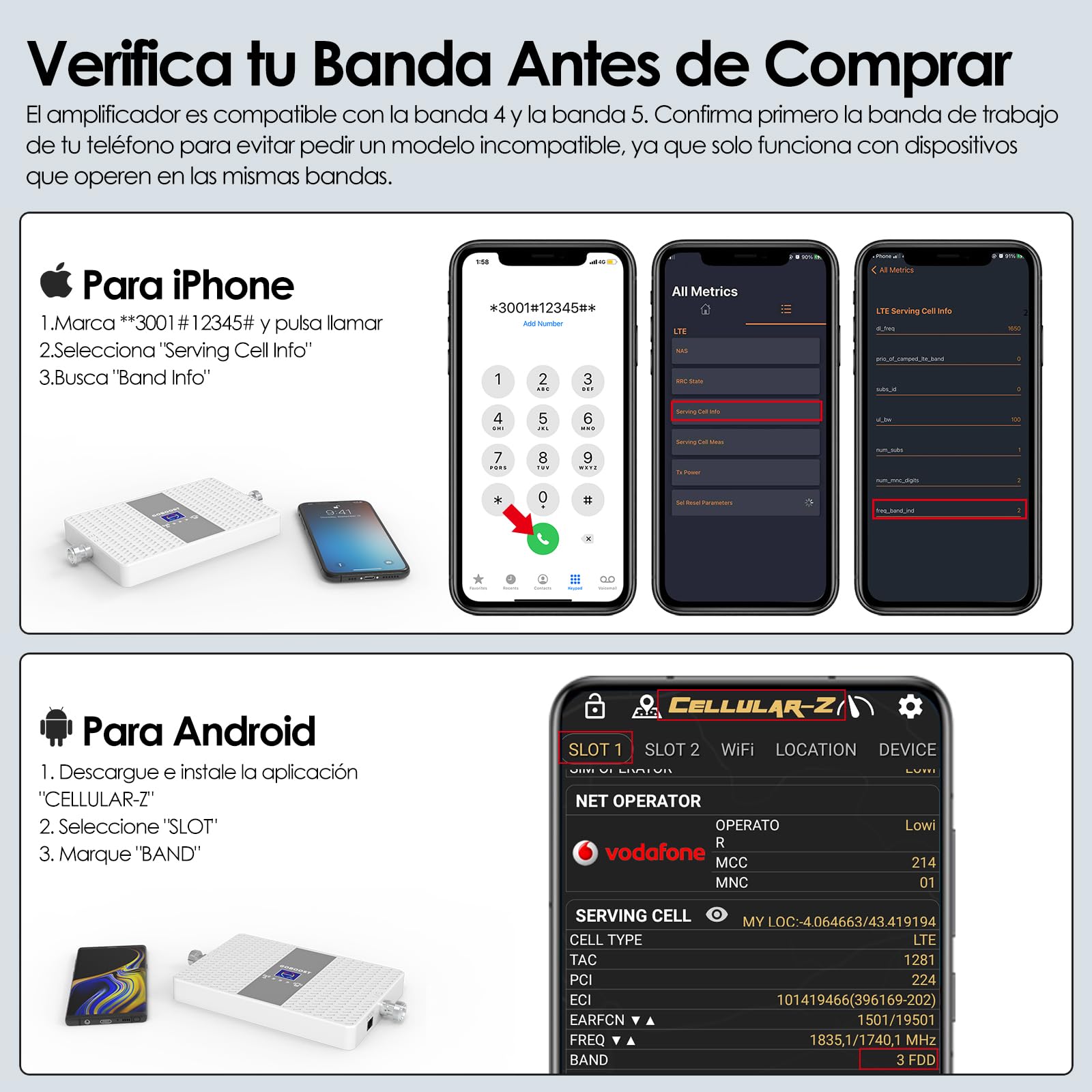 Refuerzo de señal de teléfono celular para el hogar, banda 4 banda 5 850/1700/2100MHz teléfono celular Booster Boosts 3G 4G LTE de voz y datos, amplificador de refuerzo celular para AT & T, Verizon, T